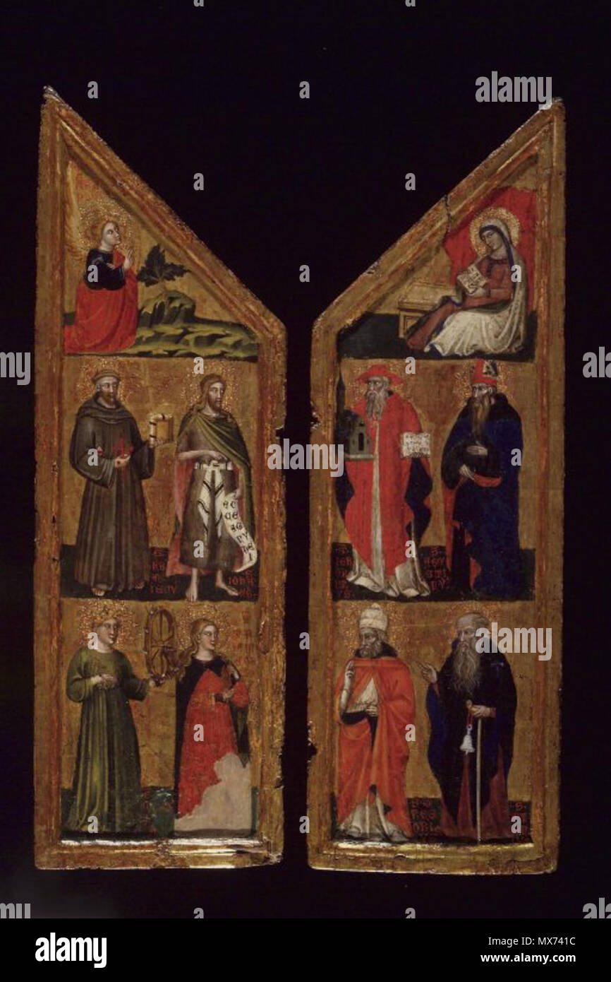 . Le due ali di un trittico: Angel segnalate con i Santi Francesco e Giovanni Battista, Caterina di Alessandria e di Maria di Magdala (sinistra); Annunziata con Santi Girolamo, Agostino, Gregorio e Antonio Abate . tra 1368 e 1400 102 Brooklyn Museum - due ali di un trittico - Guglielmo Veneziano Foto Stock