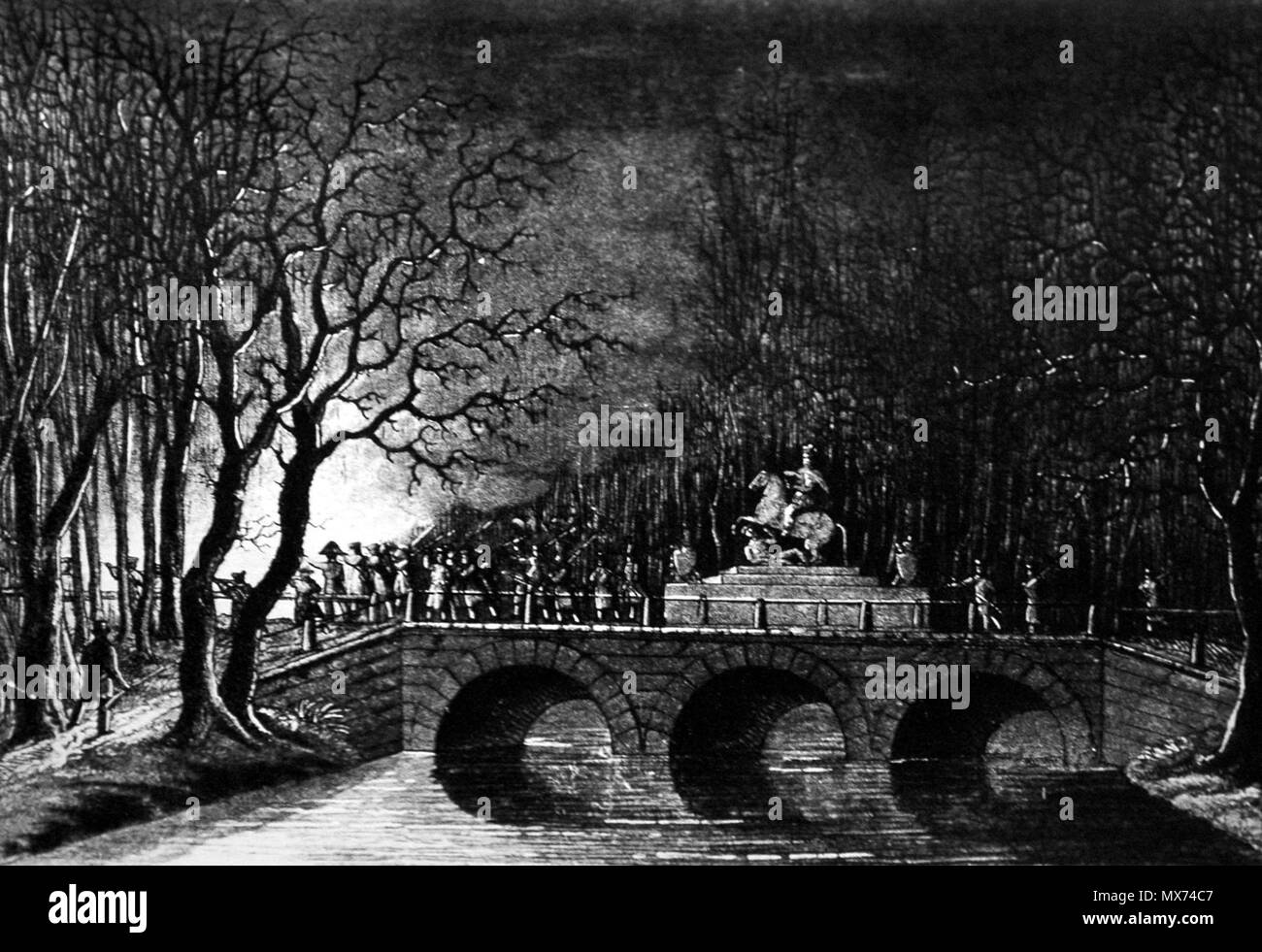 . Realizzato in un giorno di estate nel Museo dell'Esercito Polacco a Varsavia una serie di anonimi xilografica raffigurante i primi stadi del novembre Insurrezione di Varsavia, nonché le conseguenze delle lotte - la grande emigrazione combatte sul Sobieski's Bridge in Łazienki park . 19 Agosto 2006 434 MWP 1830 Più Sobieskiego Foto Stock
