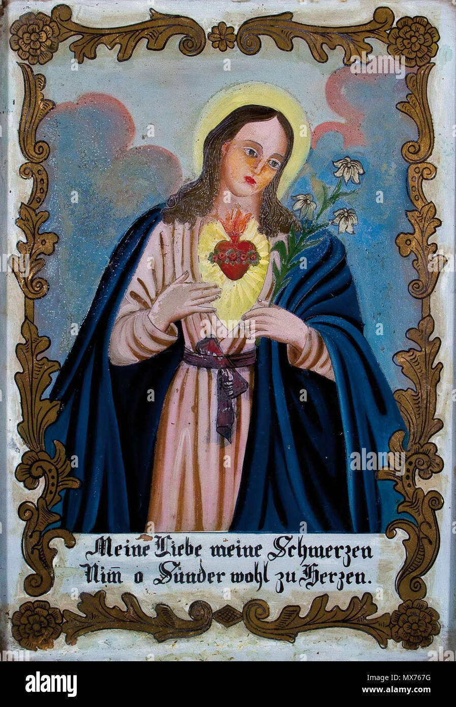 . Deutsch: Mutter Gottes mit dem flammenden Herzen auf der Brust, Inschrift meine Liebe meine Schmerzen nimm oh Sünder wohl zu Herzen. 43,5 x 33 cm . giro di 19/20secolo. Carl Josef Ruff jr., Winklarn, Bayerischer Wald 113 Carl Josef Ruff jr Herz Mariens c1900 Foto Stock