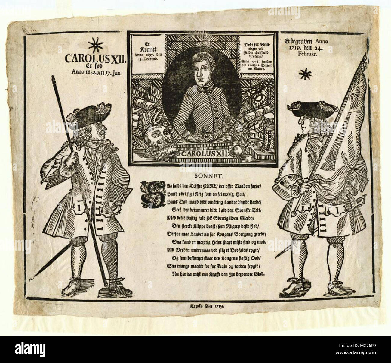 . Dansk: Carolus XII. Er fød Anno 1682. den 17. Jun. Er Kronet Anno 1697. den 14. Decemb. Per Døde Beleiringen ved Friderichs mezza ho Norge Anno 1718. imellem den 11. og 12. Decemb. om Natten Erbegraben Anno 1719. den 24. Februar inglese: Carlo XII di Svezia . Sconosciuto. Prima di 1908 115 Carolus XII oggetto112 Foto Stock