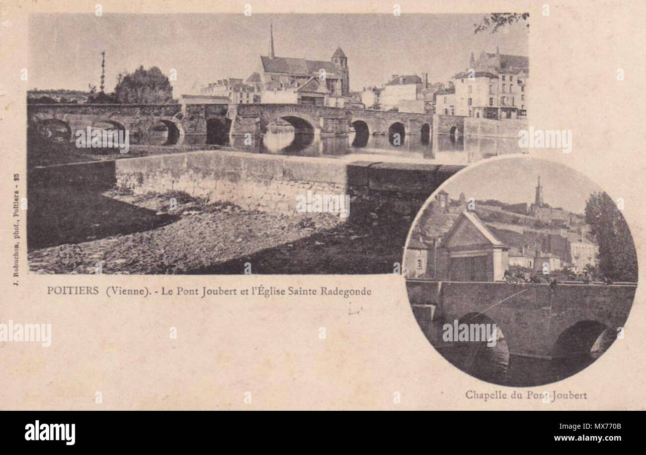 . Français : Carte Postale (vers 1900) montrant le Pont-Joubert de Poitiers avant et après la démolition de la chapelle de la Vierge. 6 gennaio 2014, 19:52:52. Jules Robuchon 116 Carte-Robuchon-chapelle-du-Pont-Joubert-Poitiers Foto Stock