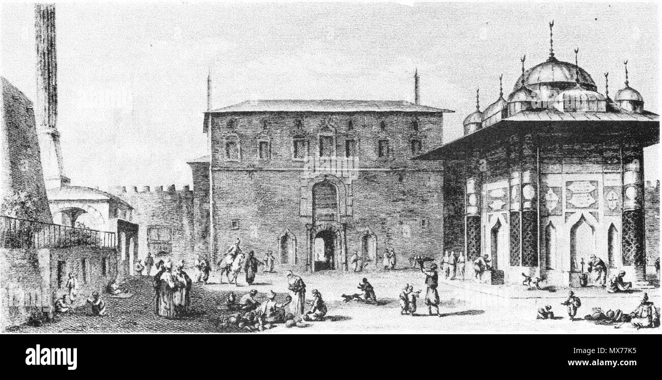. Inglese: la vecchia porta imperiale (Bab-I Hümayun) prima fu distrutto da un incendio. A destra si trova la Fontana di Ahmet III, a sinistra un angolo di Hagia Sophia. Il XVIII secolo. Marie-Gabriel-Florent-Auguste de Choiseul-Gouffier 128 Choiseul-Gouffier 001 Foto Stock