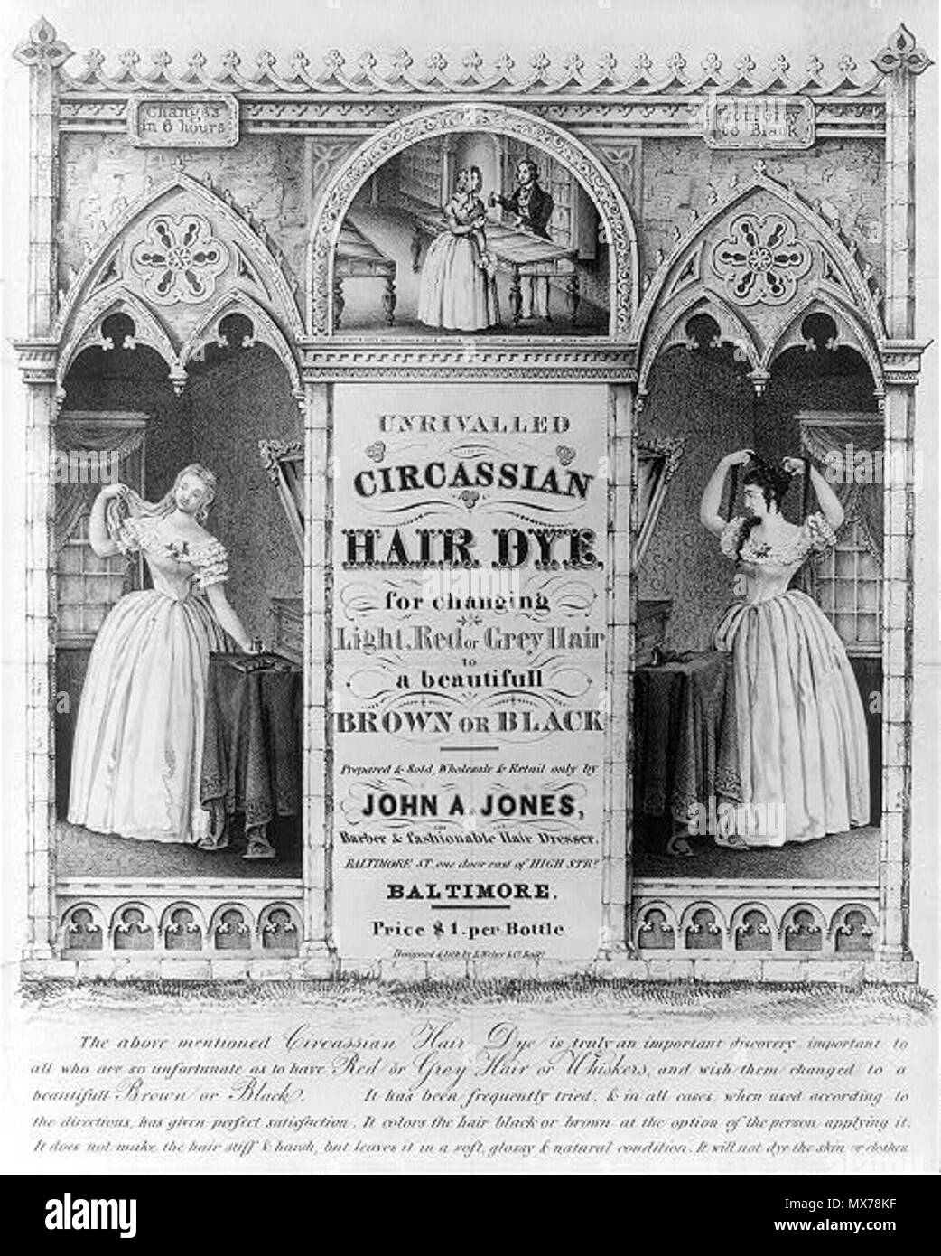 . Inglese: Annuncio testo originale: impareggiabile Circassian Il colorante per capelli per cambiare la luce rossa o i capelli grigi di un bellissimo colore marrone o nero. circa il 27 dicembre 1843. Sconosciuto 132 Circassian Il colorante per capelli Foto Stock