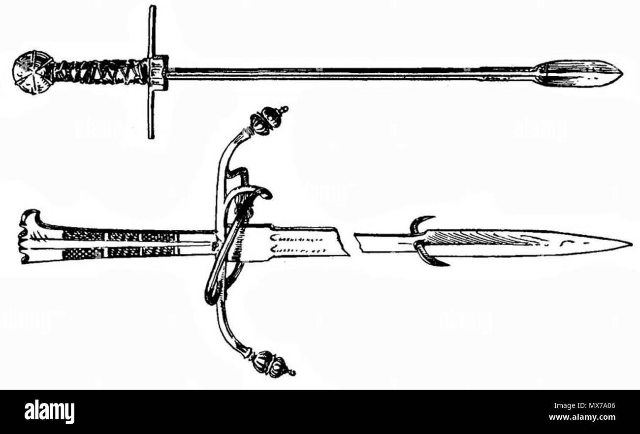 . Inglese: Caccia spada per verri - illustrazione di un libro "Handbuch der Waffenkunde' Das Waffenwesen a circuizione historischen Entwicklung vom Beginn des Mittelalters bis zum Ende des Jahrhunderts 18' da Wendelin Boeheim, Lipsia, 1890 Deutsch: Schweinschwert - Illustrationen aus "Handbuch der Waffenkunde' Das Waffenwesen a circuizione historischen Entwicklung vom Beginn des Mittelalters bis zum Ende des Jahrhunderts 18' von Wendelin Boeheim, Lipsia, 1890 . 1890. Sconosciuto 548 Schweinschwert 01 Foto Stock