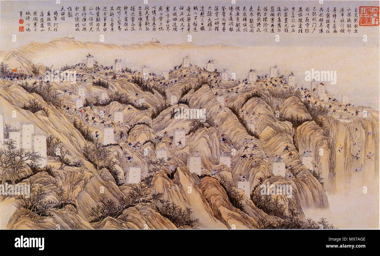 . Inglese: "conquista dell'Kangsaer mountain range', una scena della campagna Jinchuan 1771-1776 中文（简体）‎: 平定两金川战役之一--攻克康萨尔山梁 . tardo XVIII secolo. Una collaborazione tra cinesi e pittori europei. I missionari gesuiti coinvolti nella produzione di disegni in Cina erano Giuseppe Castiglione, Jean-Denis Attiret Ignace Sichelbart e Jean Damascene. Le incisioni sono state eseguite a Parigi sotto la direzione di Charles-Nicolas Cochin della Académie Royal alla corte di Luigi XVI e i singoli incisori includono Le Bas, Aliamet, Prevot, Saint-Aubin, Masquelier, Choffard e Launay. 141 Foto Stock