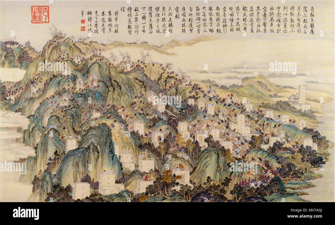 . Inglese: una scena della campagna Jinchuan 1771-1776 中文(简体): 平定两金川战役之一--攻克木思工噶克丫口 . tardo XVIII secolo. Una collaborazione tra cinesi e pittori europei. I missionari gesuiti coinvolti nella produzione di disegni in Cina erano Giuseppe Castiglione, Jean-Denis Attiret Ignace Sichelbart e Jean Damascene. Le incisioni sono state eseguite a Parigi sotto la direzione di Charles-Nicolas Cochin della Académie Royal alla corte di Luigi XVI e i singoli incisori includono Le Bas, Aliamet, Prevot, Saint-Aubin, Masquelier, Choffard e Launay. 141 conquista della valle Musigonggake Foto Stock . Inglese: una scena della campagna Jinchuan 1771-1776 中文(简体): 平定两金川战役之一--攻克木思工噶克丫口 . tardo XVIII secolo. Una collaborazione tra cinesi e pittori europei. I missionari gesuiti coinvolti nella produzione di disegni in Cina erano Giuseppe Castiglione, Jean-Denis Attiret Ignace Sichelbart e Jean Damascene. Le incisioni sono state eseguite a Parigi sotto la direzione di Charles-Nicolas Cochin della Académie Royal alla corte di Luigi XVI e i singoli incisori includono Le Bas, Aliamet, Prevot, Saint-Aubin, Masquelier, Choffard e Launay. 141 conquista della valle Musigonggake Foto Stock