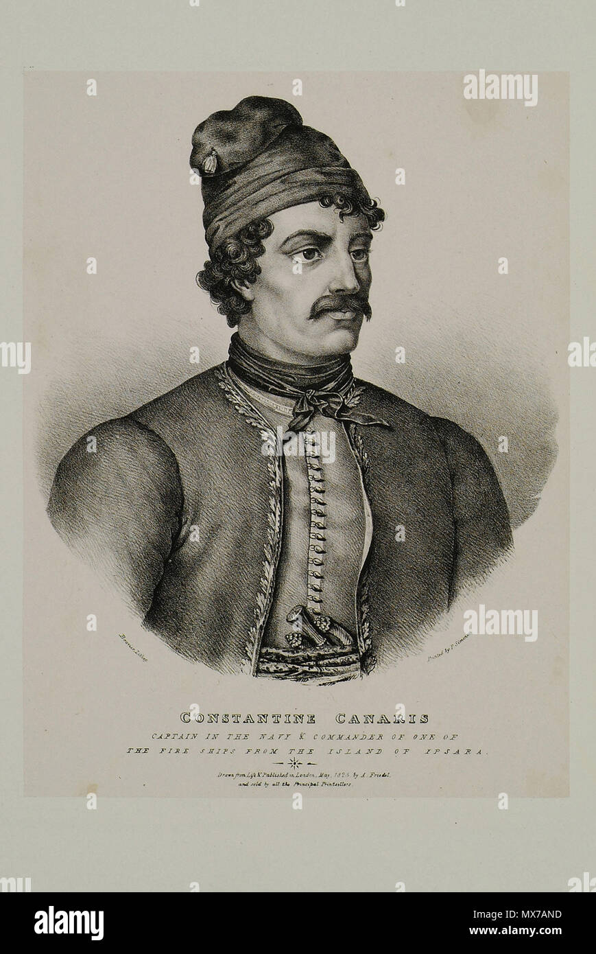 . Inglese: Adam de Friedel. I Greci, venti-quattro ritratti dei principali dirigenti e personaggi che hanno fatto di se stessi la maggior parte cospicua nella Rivoluzione greca, dall'inizio della lotta, Londra, Adam de Friedel, 1830. 1830. Adam Friedel (1786-) Descrizione pittore danese e publisher e Data di nascita e morte 1786 xix secolo sede di lavoro Londra (1833 - 1845) Autorità di controllo : Q349403 VIAF: 23331963 GND: 133524914 141 Costantino Canaris capitano della Marina &AMP; comandante di una delle navi di fuoco dell'isola di Ipsara - Friedel Adam De - 1832 Foto Stock