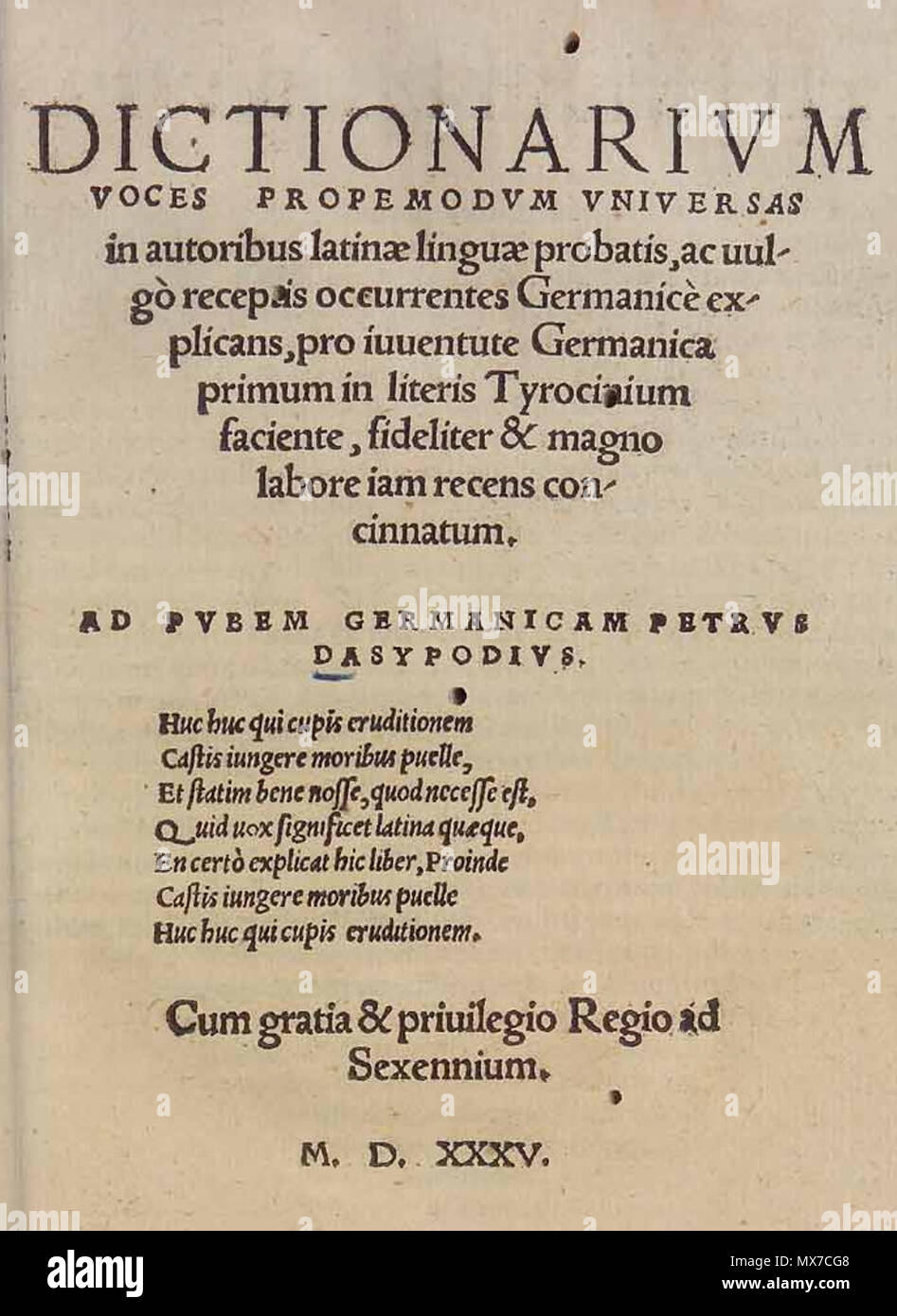 . Inglese: Titolo pagina di Dictionarium Latinogermanicum (1535) di Petrus Dasypodius . 1535. Petrus Dasypodius (iobit 1559) 154 Dasypodius 1535 Titolo Foto Stock