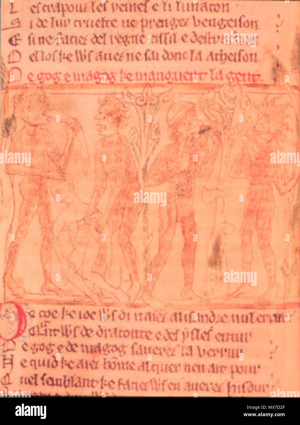 . Inglese: raffigurazione di Gog e Magog, orribile giganti pensato per essere antenati dei Mongoli. Dal romanzo di Alexander, il Trinity College di Cambridge. Data sconosciuta. Sconosciuto 159 raffigurazione di Gog e Magog, orribile giganti pensato per essere antenati dei Mongoli. Dal romanzo di Alexander, il Trinity College di Cambridge. Foto Stock