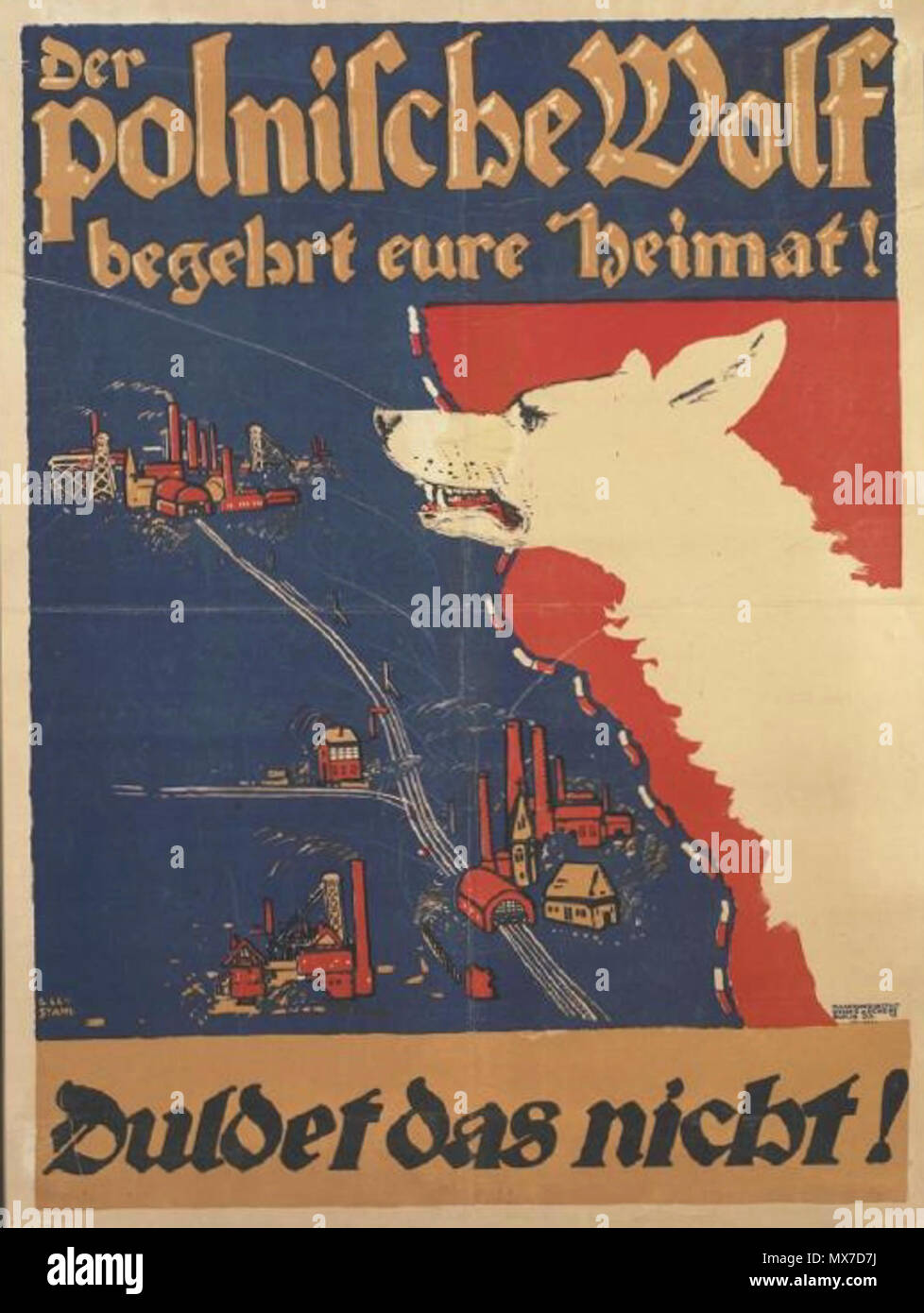 . Inglese: propaganda tedesca poster. Illustrazione del confine che separa la Germania e la Polonia. 'Der Polnische Wolf begehrt eure Heimat!" - "Il lupo polacco ambisce alla vostro paese!". Il 25 marzo 2013, 09:14:40. Stahl, e Leo (artista), Plakatkunstanstalt Dinse und Eckert, Berlino in modo16. 160 Der Polnische Wolf Begehrt Eure Heimat il polacco Wolf ambisce alla vostro paese Foto Stock