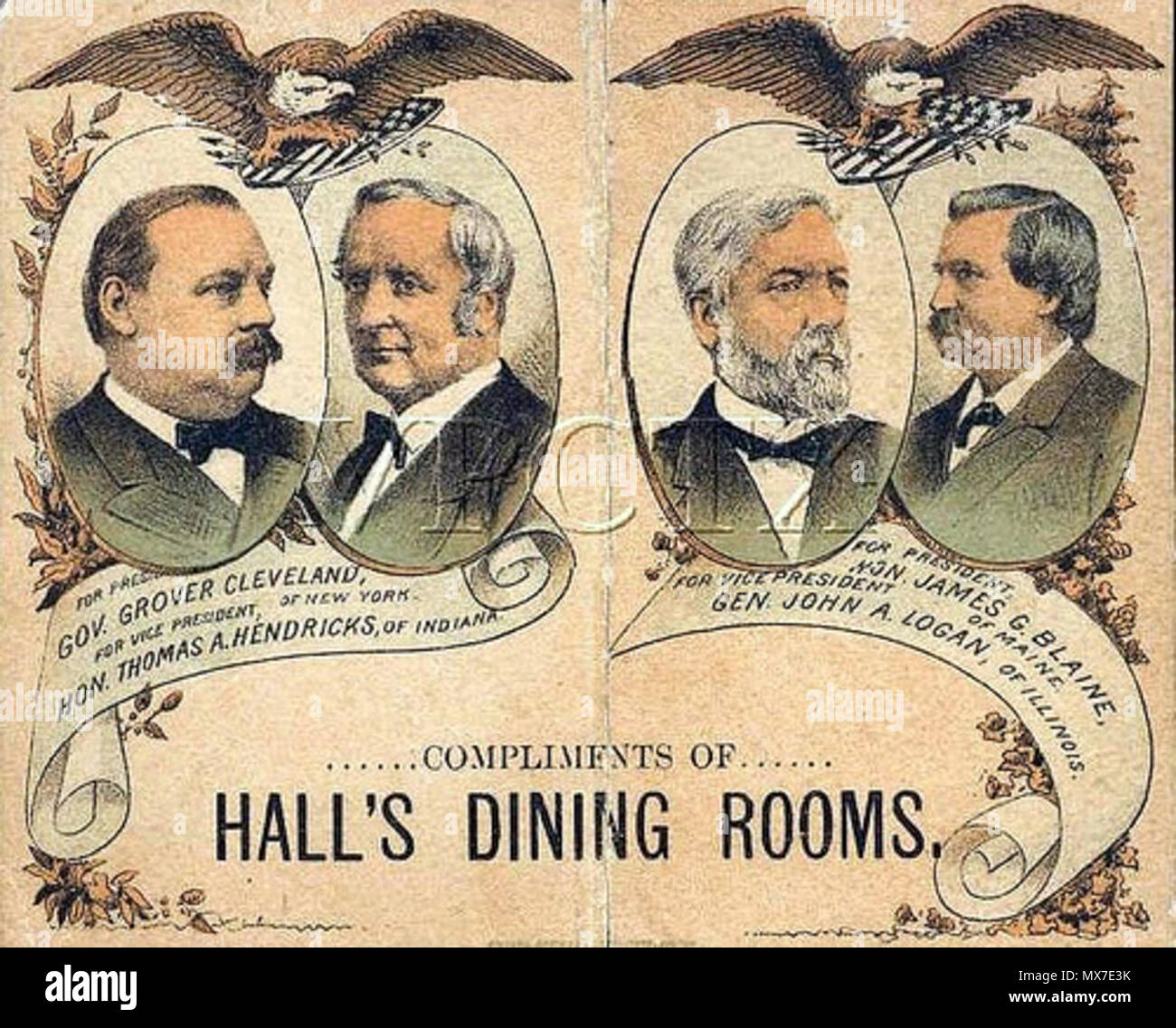 . Inglese: Scheda di stampa dal 1884, mostrando gli uomini che correva per il presidente e il Vice Presidente - Grover Cleveland & Thomas A. Hendricks e James G. Blaine & John A. Lane. 1884. Sconosciuto 134 Cleveland v Blaine Foto Stock