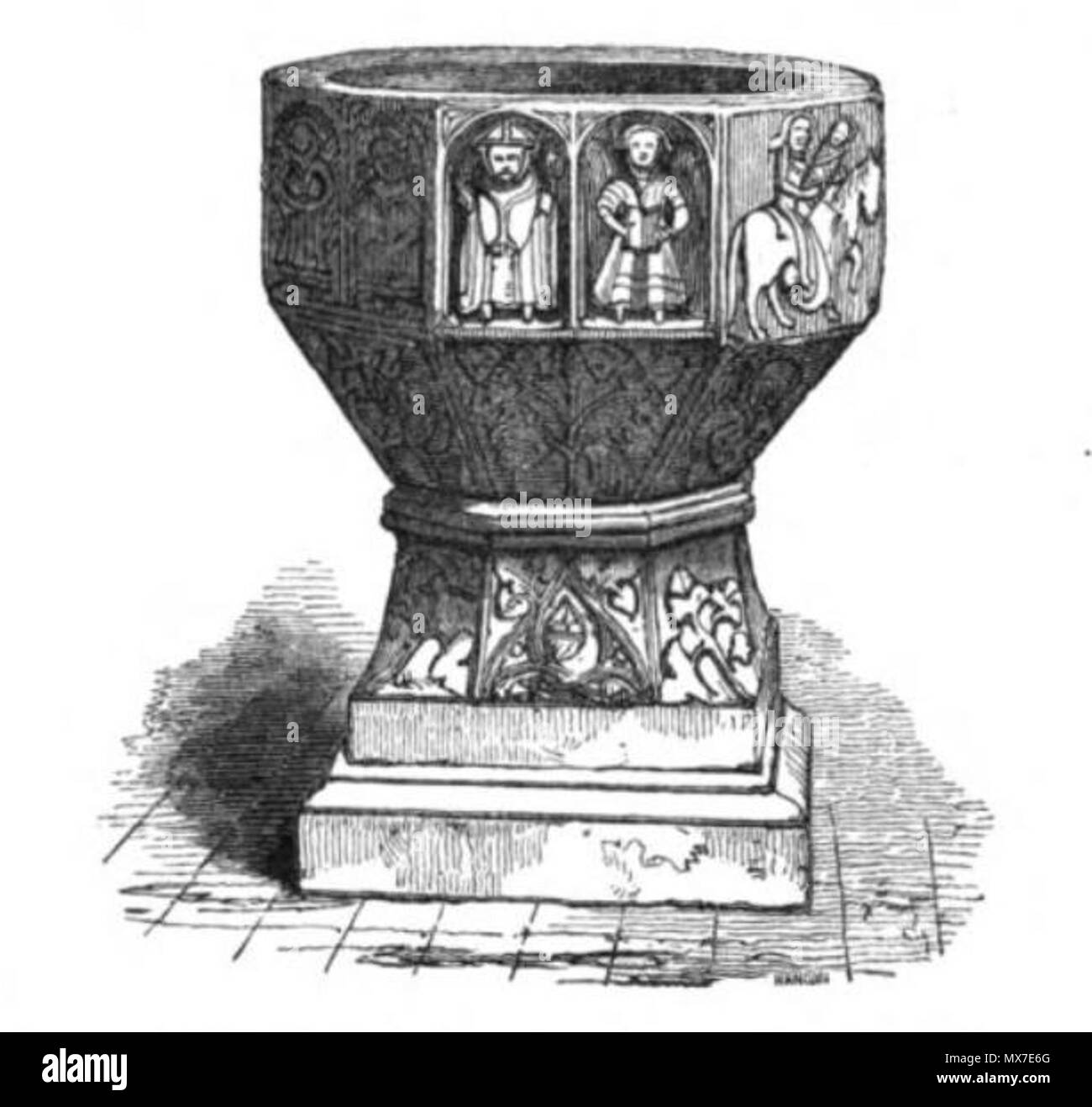 . Quindicesimo o sedicesimo secolo fonte battesimale di Clonard come disegnato e Pubblicato da William Robert W. Wilde nel suo libro le bellezze del fiume Boyne e il suo affluente, il Blackwater, pubblicato 1849 a Dublino, pagina 64 . 1849. William Robert W. Wilde (vedere sopra), caricato da AFBorchert 134 Clonard Fonte Battesimale William Wilde 1849 Foto Stock
