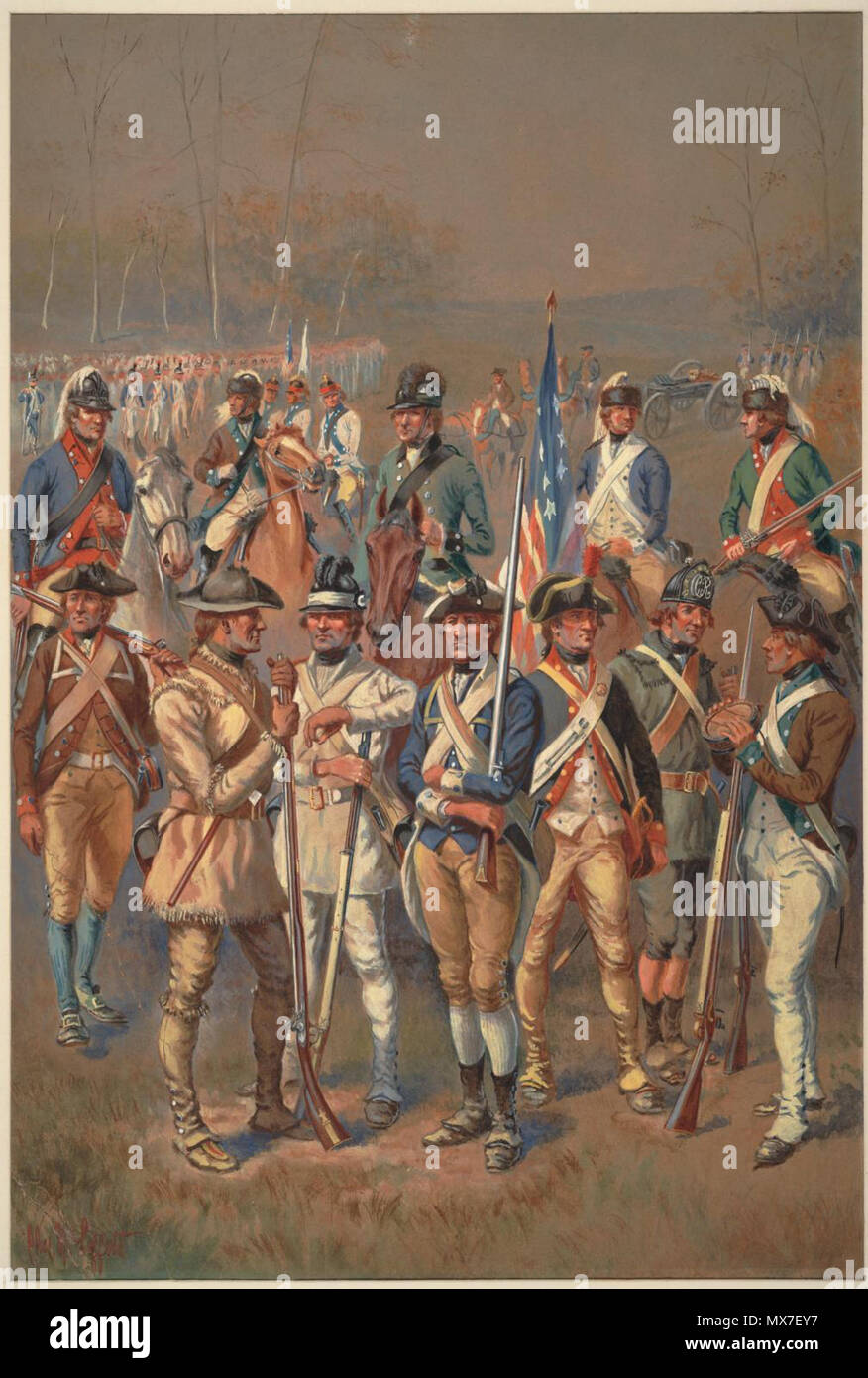 . Un dipinto ad acquerello raffigurante una varietà di esercito continentale soldati. Tra il 1910 e il 1920 142 ContinentalArmy LeffertsWatercolor Foto Stock