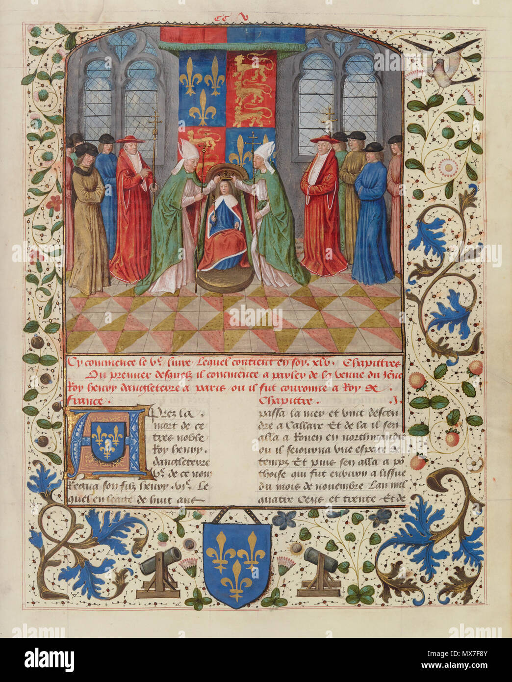 . Incoronazione di Enrico VI come Re di Francia. Manoscritto illuminato pagina da Vol 5 dell'Anciennes chroniques d'Angleterre da Jean De Wavrin. xv secolo. scriba sconosciuto 144 Incoronazione Enrico VI di Wavrin Anciennes Chroniques d'Angleterre Vol 5 Foto Stock