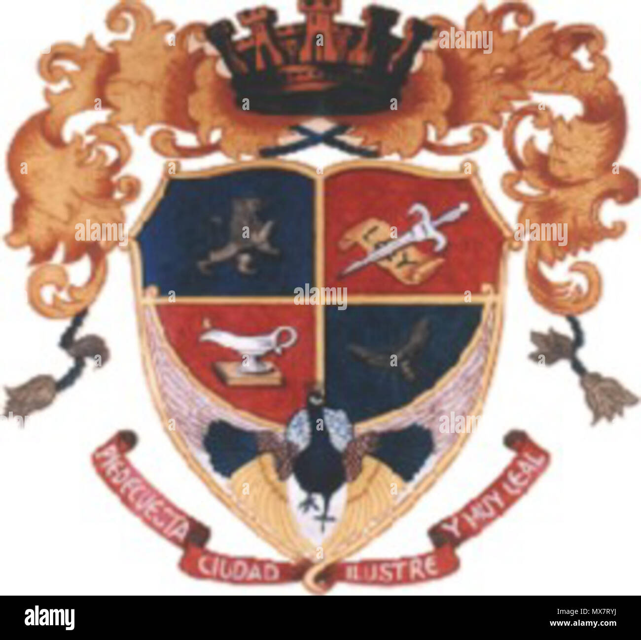 . Español: El Escudo De Piedecuesta fue realizado por el pintor Luis Antonio Céspedes Mantilla, nacido aquí. Fue entregado al Concejo Municipal en 1941, siendo Presidente del Cabildo el señor Aníbal Rey Mantilla. El originale escudo canc se encuentra en la Secretaria General del Comando de Policía de la Ciudad. Il 26 luglio 1941. Luis Antonio Céspedes Mantilla 195 escudo de Piedecuesta, Departamento de Santander Colombia Foto Stock