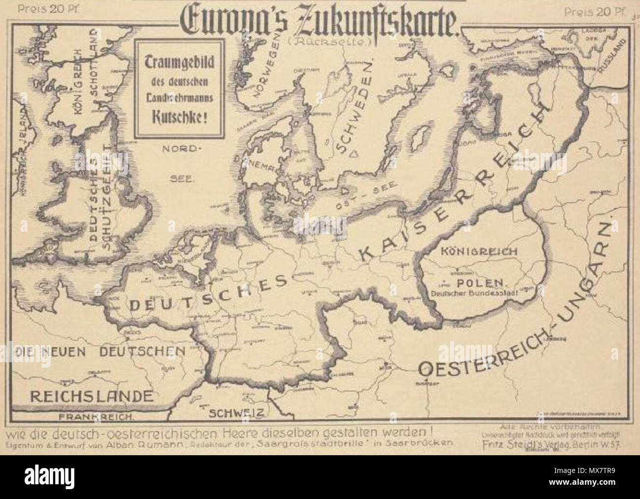 . Inglese: prezzo 20 pf. Il futuro dell'Europa mappa. (Anteriore) Prezzo 20 pf. Un sogno di immagine dei nostri nemici! Come il francese, i russi e gli inglesi immaginato la centrale le frontiere europee nel 1915 e... Prezzo 20 pf. Il futuro dell'Europa mappa. (Retromarcia). Prezzo 20 pf. Visione della casa tedesca soldato di guardia Kutschke! Stampato da: Berlino stampanti musicale plc. Come gli eserciti austro-tedesca si forma la stessa! Proprietà di disegno e di Alban Rumann, editor di 'Saargrossstadtbrille' [Saar Metropolitan eye-glass] in Saarbrücken. Tutti i diritti riservati. La riproduzione non autorizzata sarà prosecu Foto Stock