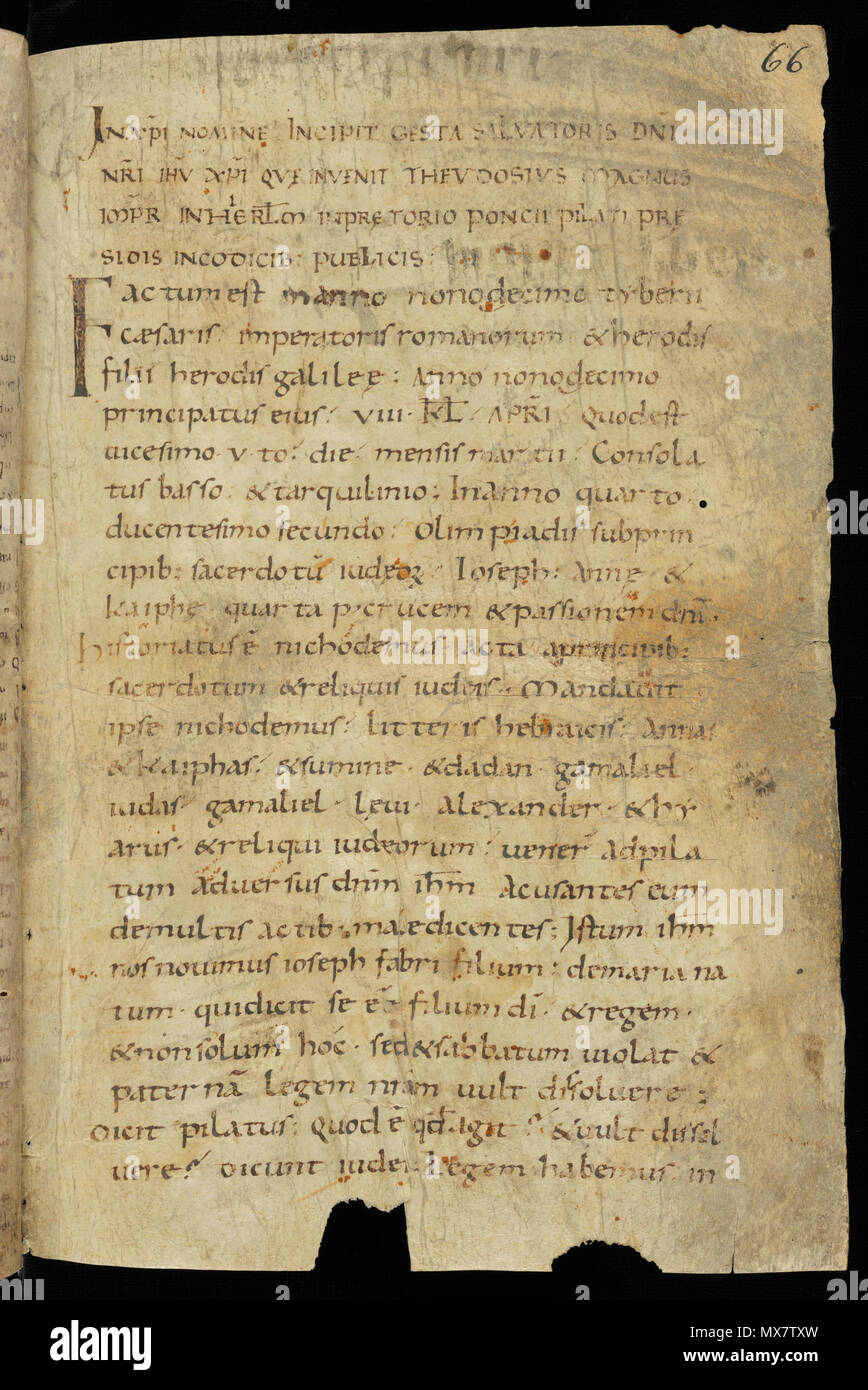 . Inglese: Evangelium Nicodemi (il Vangelo di Nicodemo), una pergamena del IX o X secolo. Ix o X secolo. Sconosciuto 199 Evangelium Nicodemi manoscritto Foto Stock