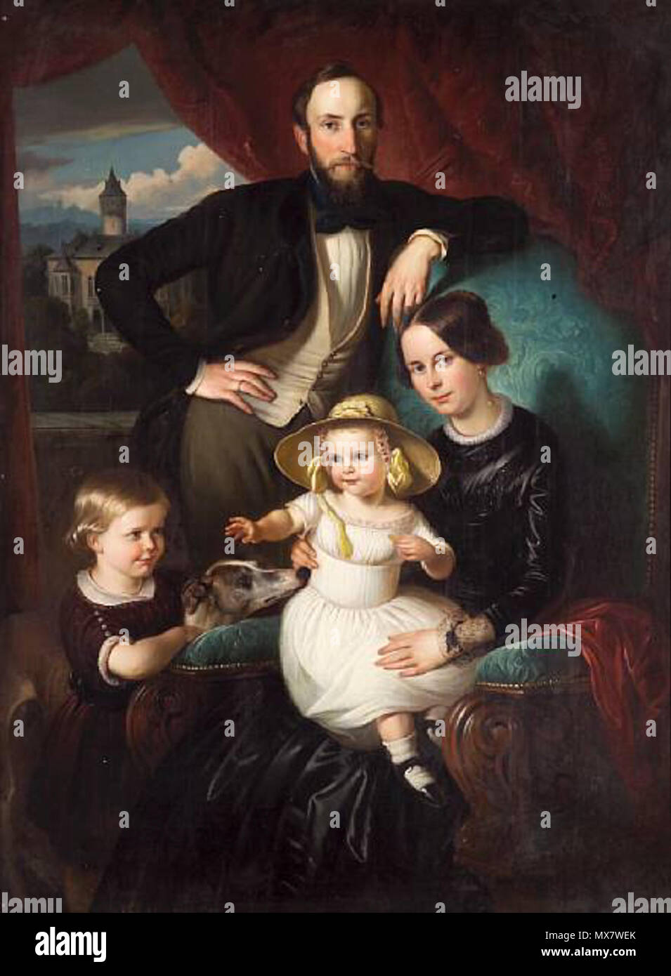 . Deutsch: Familie von Cramm vor Schloss Oelber inglese: Un ritratto del von Cramm famiglia con la casa di famiglia, Schloss Oelber, nella distanza. Olio su tela, 174 x 129 cm. Secondo la scritta che è stata trascritta da tela originale, il sitter sono Adalbert von Cramm (1818-1851), sua moglie Mechthilde von Cramm, née Contessa Veltheim (1825-1874), e i loro figli Edgar (1846-1909) e Herta (nato 1847). Edgar era il nonno di Gottfried von Cramm (1909-1976) il ben noto giocatore di tennis. circa 1850. Anonimo 202 Familie von Cramm vor Schloss Oelber Foto Stock