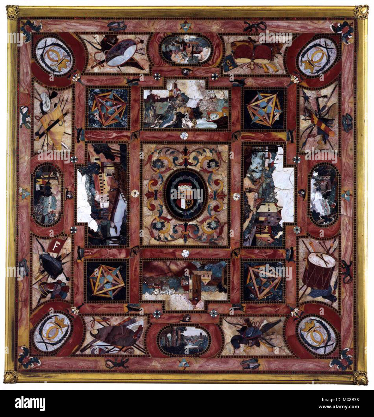 . Čeština: Deska stolu s erbem un monogramem Karla I. z Liechtenštejnu, 1620/23, velikost 93 x 89 cm, zdobení granáty. Tra il 1620 e il 1623. Práce pražské dílny Castrucciů 161 Deska stolu v technice pietra dura Foto Stock