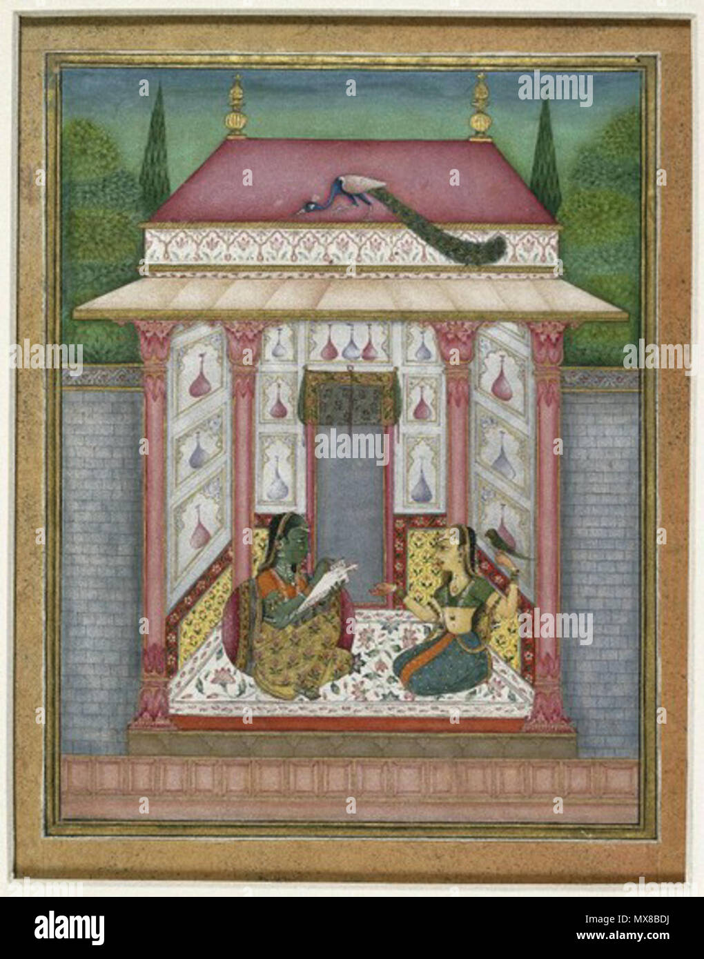 . Ragini Dhanyashri pagina da un illustrato Ragamala serie . Nel quindicesimo o sedicesimo secolo un nuovo genere di pittura sviluppato che ha tentato di catturare in immagini gli umori di famosi brani di musica classica. La musica, noto come ragas o raginis, ispirato artisti per creare scenari poco felice o triste, feroce o tranquille che si svolge nelle ore diurne o notturne, l'estate o inverno-che sono state illustrate oltre e al di sopra di nuovo. Come molti dipinti ragini, Dhayashri mostra una donna che perde il suo amato. Qui la donna (con buccia verde) dipinge un quadro del suo amante assente, sperando tha Foto Stock