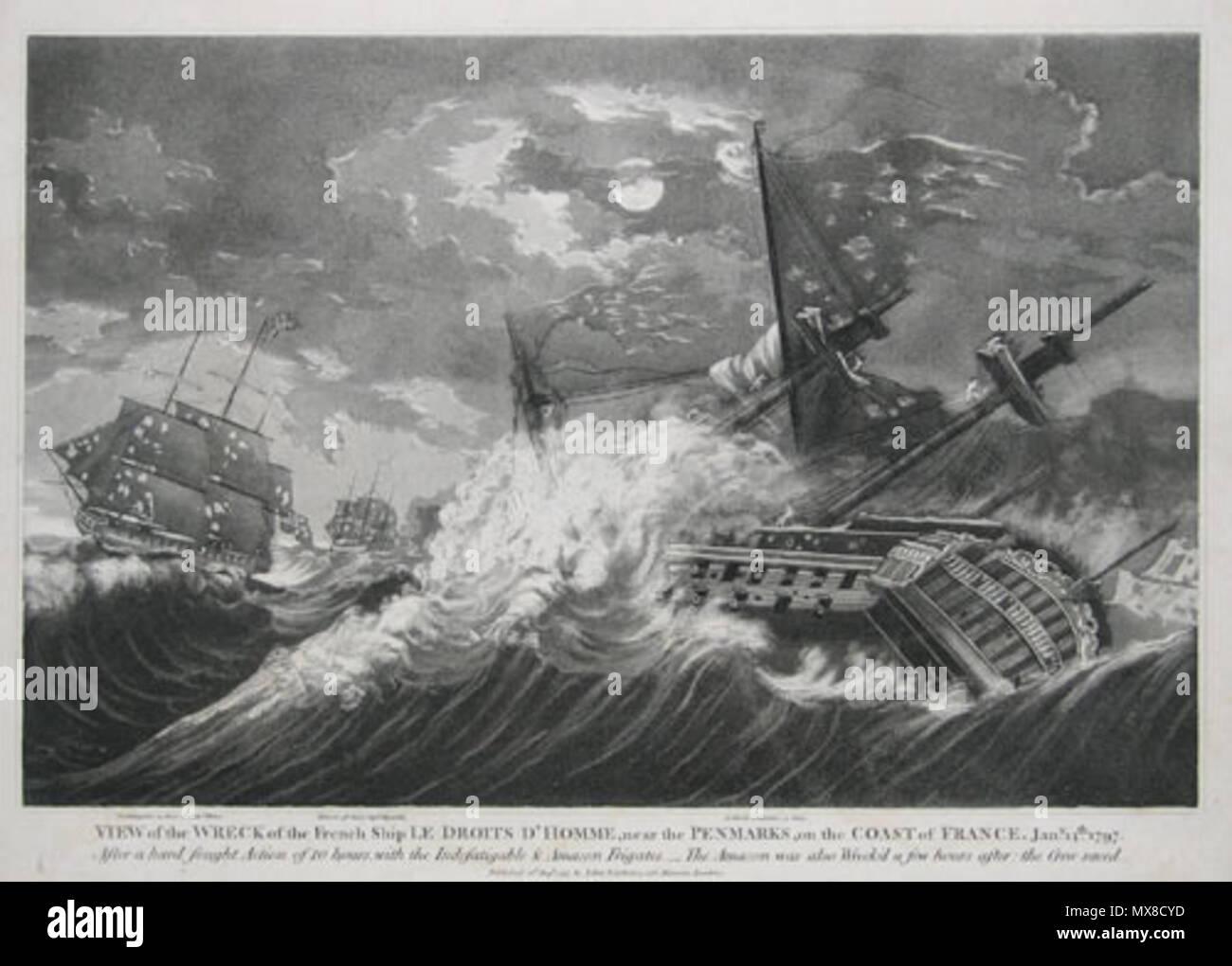 . Inglese: Vista del relitto della nave francese Le Droits D' Homme, vicino il Penmarks, sulla costa della Francia. Jany xiv 1797. Dopo una combattuta azione di 10 ore, con l'infaticabile & Amazon fregate. L'Amazzonia è stata anche relitto'd poche ore dopo; l'equipaggio salvato. 21 agosto 1797[1]. John Fairburn 172 Droits de lHomme naufragio Foto Stock