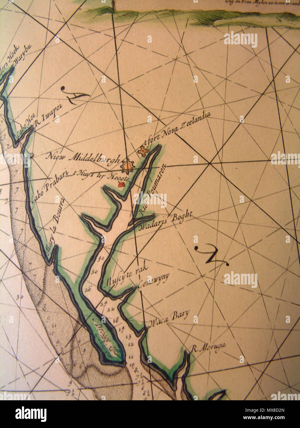 . Nederlands: Foto van rivier Pomeroon, uit Van Keulen Atlas uit 1688. 24 agosto 2005 (originale data di caricamento). Uploader originale era Johannescornelis presso nl.wikipedia 523 Rivier Pomeroon 1688 Foto Stock