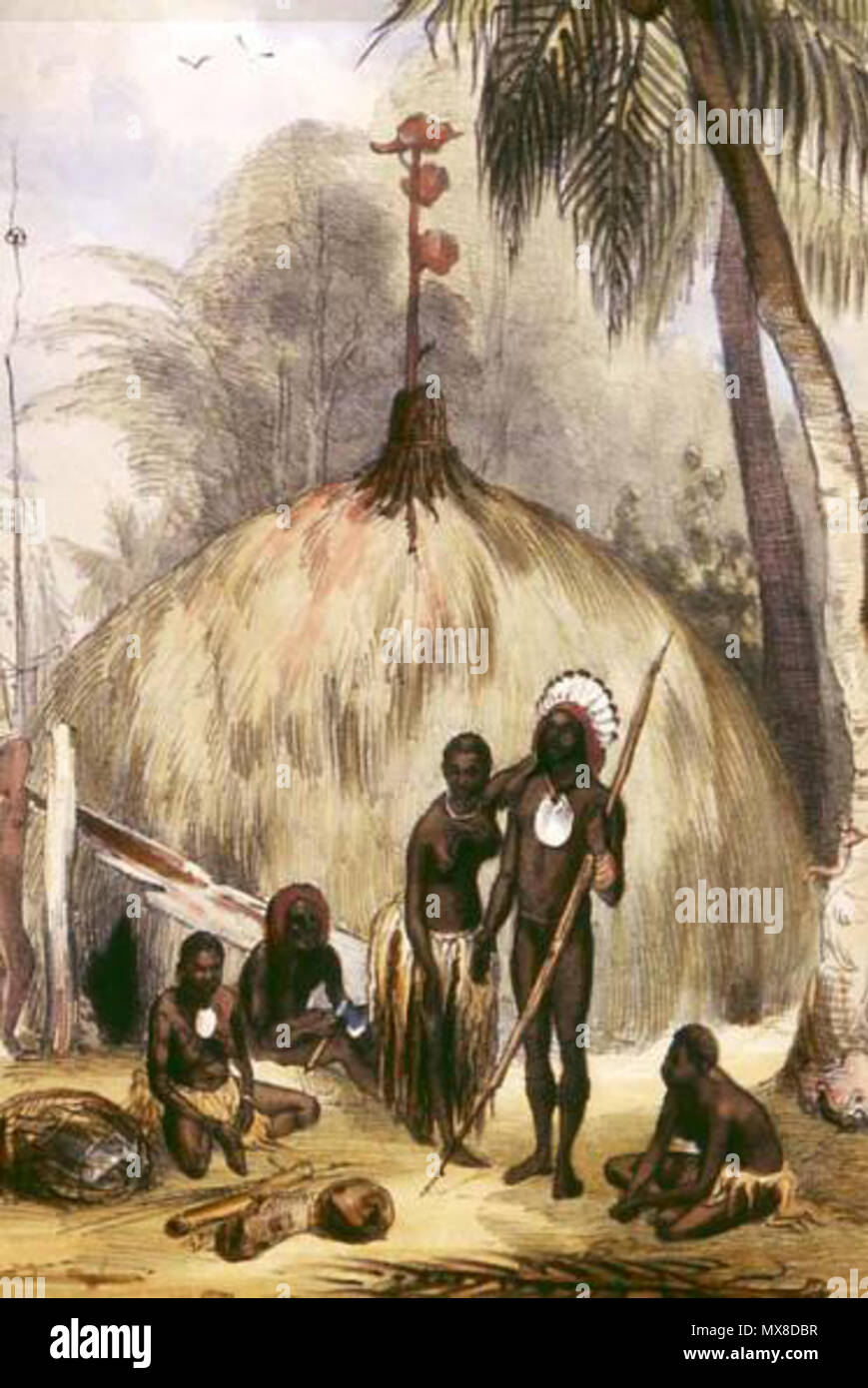 . Inglese: Duppa indossa una parrucca rosso ed è seduto con sua moglie Panney. Il suo figlio più anziano, anche Duppa, è in piedi con la sua nuova moglie, una ragazza Erub, c 1842-43. Pl. n. 18 di: schizzi in Australia e nelle isole adiacenti da indurire S. Melville. Litografia colorata con alcuni coloranti a mano. Londra: stampate e pubblicate da Dickinson & Co. c 1849 . 1849. Indurire Sidney Melville (1824-1894) 173 Duppa-a-erub-per-web Foto Stock