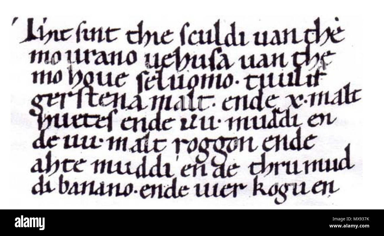 . Freckenhorster Heberolle (verschollen), Gotthelf Fischer, Zinsbuch in niederteutscher Sprache in Herrn Kindlingers Sammlung, in: Beschreibung typographischer Seltenheiten und merkwürdiger Handschriften nebst Beyträgen zur Erfindungsgeschichte der Buchdruckerkunst, Fünfte Lieferung, Norimberga 1804, Tafel 2 . um 1100 (?). Questo file è privo di informazioni sull'autore. 269 Heberolle kindlinger Foto Stock