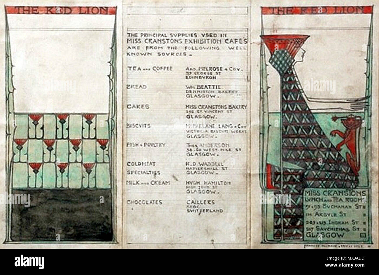 . Scheda del menu Progetto per Miss Cranston è il Red Lion Café presso la Glasgow mostra internazionale del 1911 . 1911. Frances MacDonald McNair 215 Frances MacDonald - scheda del menu 1911 Foto Stock