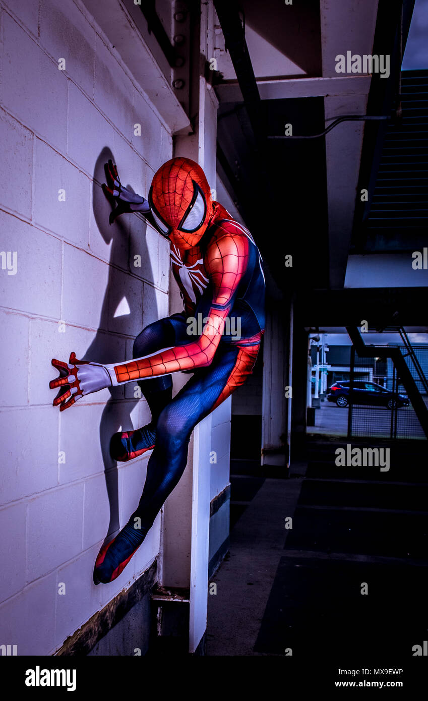 Spiderman cosplayer nella sua tuta di Spiderman. Foto Stock