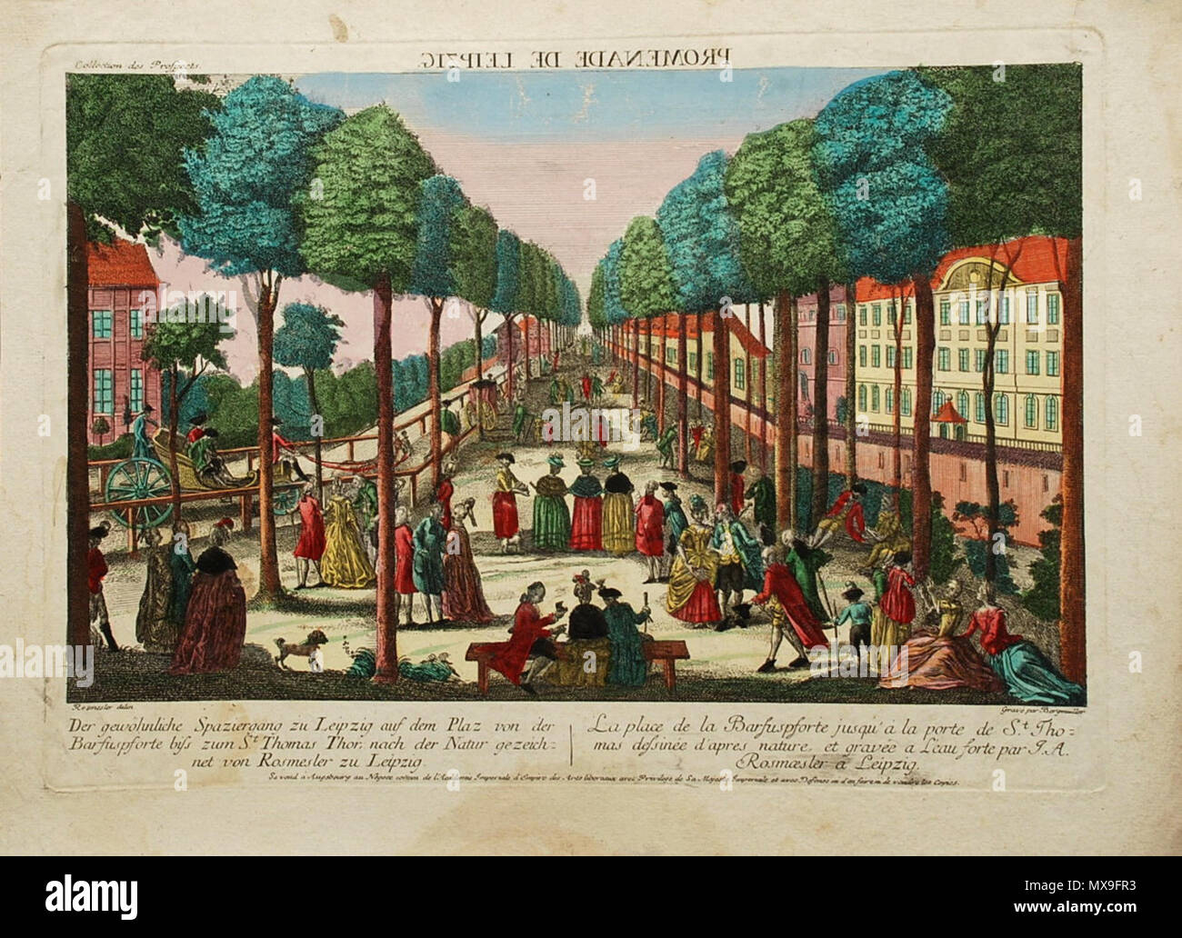 . Deutsch: Die Esplanade in der Peters Vorstadt zu Leipzig um 1780 Altkolorierter Kupferstich 29,2 x 41,3 cm Plattenrand (Guckkastenblatt mit Titel in Spiegelschrift über der Darstellung. Auch die Darstellung ist seitenverkehrt.). Gestochen von Johann Baptist Bergmüller (1724 - 1785; THIEME-BECKER Bd. 3, S. 411) nach einer Zeichnung von Johann Agosto Rosmäßler (1752 - 1783; THIEME-BECKER Bd. 29, S. 77) . Il 20 luglio 2008, 09:58 (UTC). © Foto H.-P.Haack. Neues Foto mit einiger Retuschierung Verschmutzungen und ohne Verzerrungen in der Legende > [1] 163 Die Esplanade in der Peters Vorstadt zu Leipzi Foto Stock