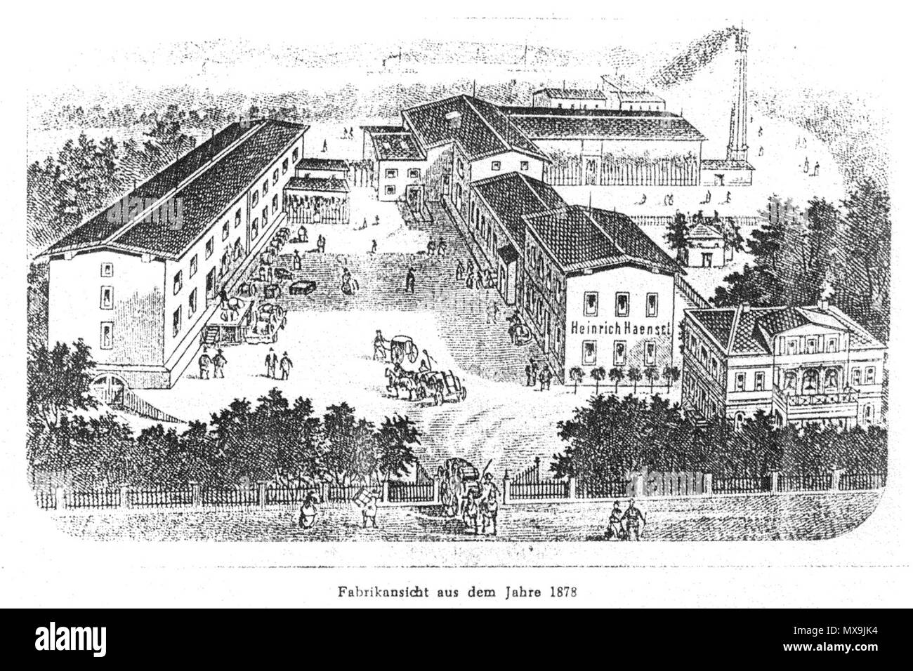 . Deutsch: Pirna: Blick auf die 1867 von Gustav Haensel an der Clara-Zetkin-Straße (damals Waisenhausstraße) errichtete neue Chemische Fabrik für ätherische Öle und Essenzen, von den damals sichtbaren Gebäuden blieb bis heute (Stand 2014) nur die Villa an der Straße (Vordergrund rechts) erhalten, Ansicht um 1878 . 1878. Sconosciuto 271 Heinrich-Haensel-Fabrik-Pirna Foto Stock