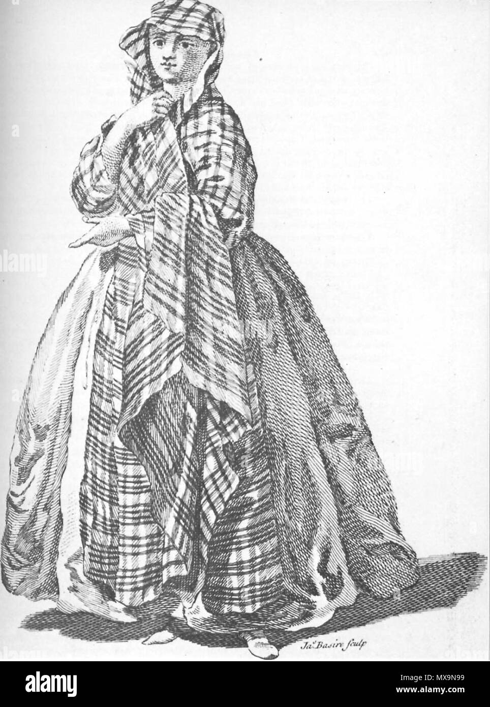 . Inglese: cittadina scozzese lady indossa una cintura a strisce di larghezza plaid raddoppiato e tirata sopra la sua testa con le estremità raggiungendo le caviglie, 1745 . 1745. James Basire 74 Basire1745 Foto Stock