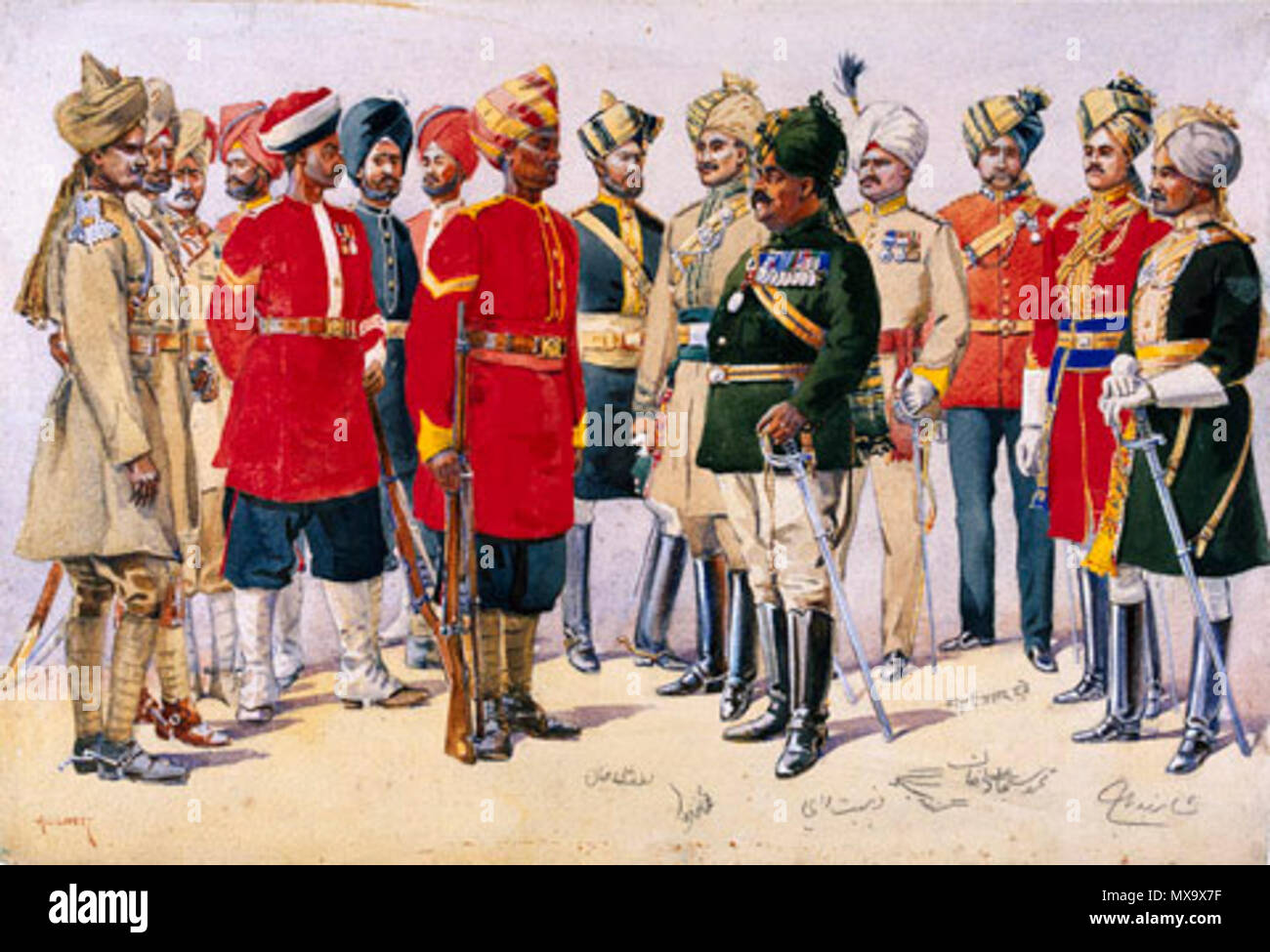 . Inglese: il servizio imperiale truppe di regime era stato creato nel 1888 tra gli eserciti degli indipendenti stati indiani in India britannica. I soldati della principesca partecipanti membri sono stati addestrati sotto vigilanza britannico e poi sono stati utilizzati sia sulla frontiera nord ovest e in luoghi distanti come la Cina, durante il Boxer Rebellion e il Somaliland. Dal 1900 la forza numerati da circa 19.000 uomini. Questa è l'opera d'arte originale per una illustrazione in grandi G F MacMunn 'eserciti di India", pubblicato nel 1911. . 1911 256 Gruppo di imperiale le truppe di servizio Foto Stock
