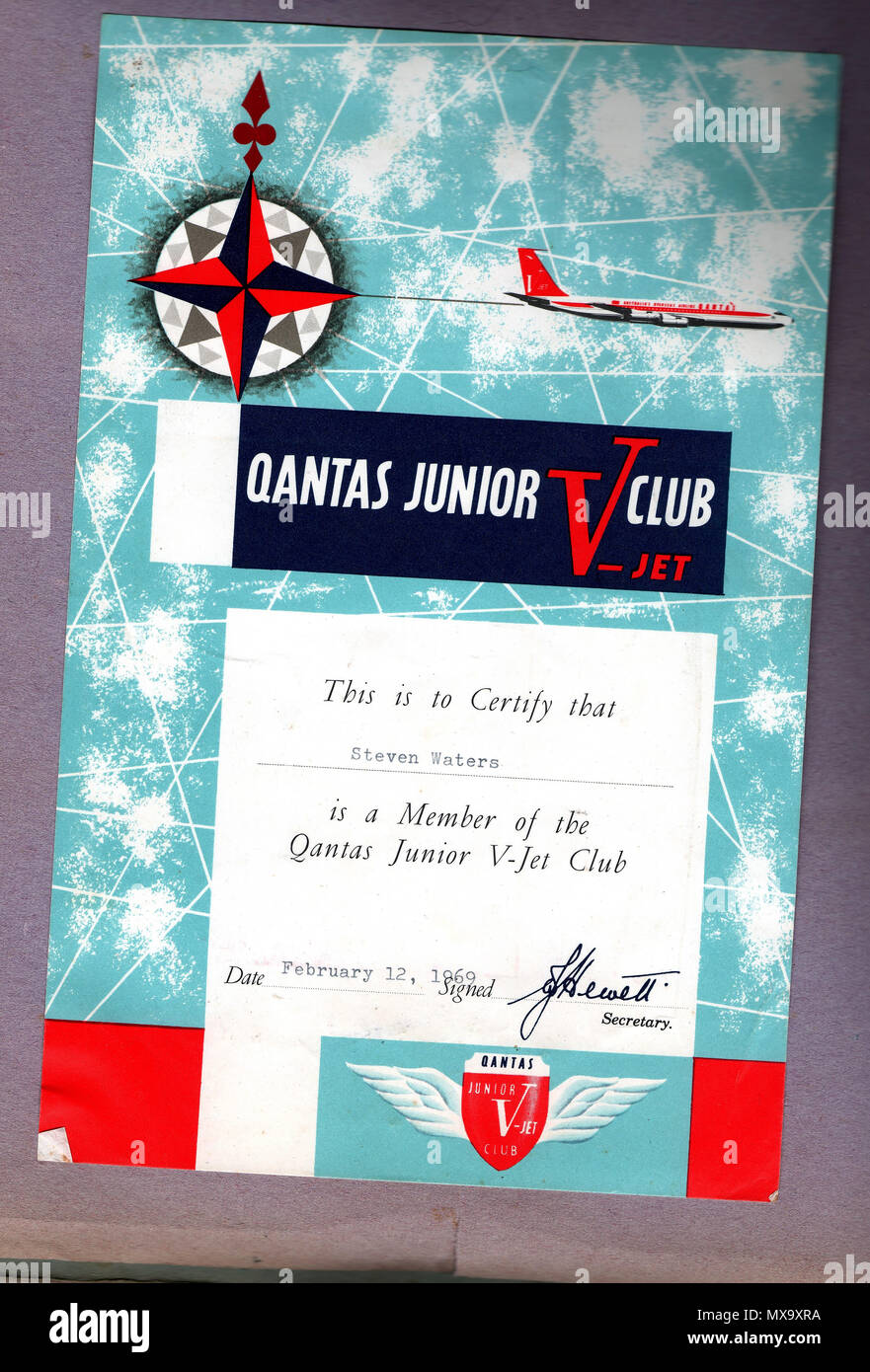 QANTAS AIRWAYS - Un 1969 Junior Jet V Certificato rilasciato dalla compagnia aerea Foto Stock