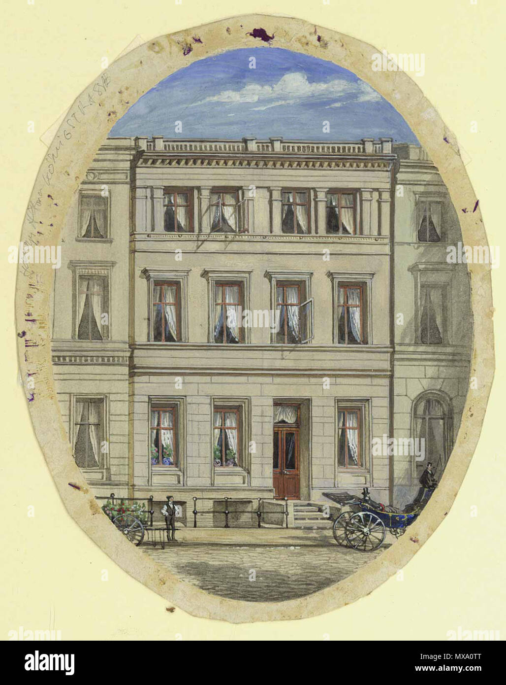 . In Hausfassade Altona mit Kutsche. Goauche, 19. Jh. Im Oval 13,5 x 10,5 cm. Am Rand von fremder bezeichnet mano 'Hamburg Altona Königstr." . Xix secolo. Anonimo 268 Haus in Altona 19 Jh Foto Stock