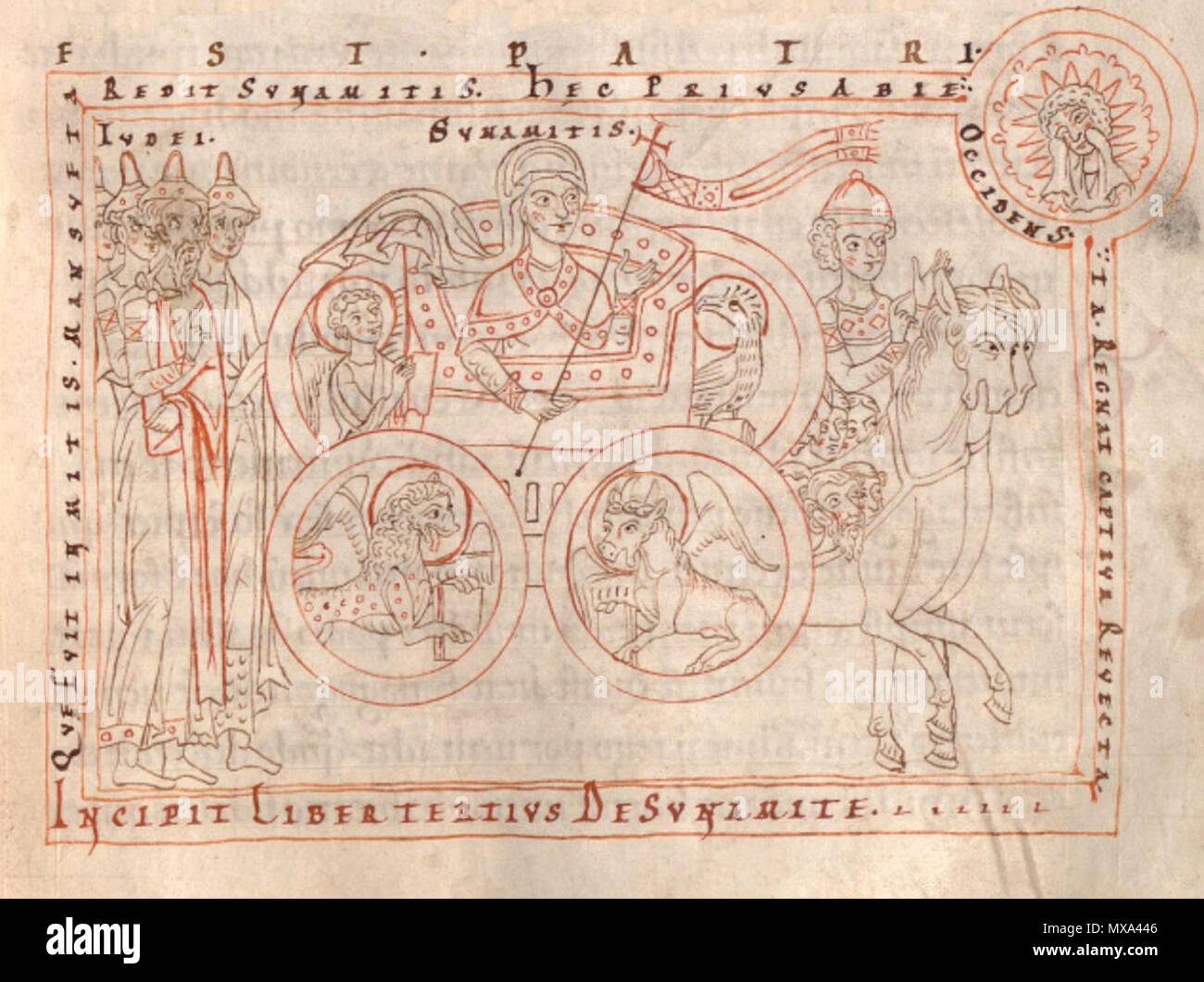 . Inglese: la sposa di Cristo come Shulamite. Questo manoscritto di opere di Onorio Augustodunensis (visto anche come onorio di Autun) è uno dei rari esempi di un commento illustrato sul Vecchio Testamento Cantico dei Cantici, conservate soprattutto nei manoscritti dal sud-est della Germania e Austria. Il manoscritto nel monastero di Benediktbeuern, Baviera, intorno al 1170, dispone di un titolo pezzo e tre miniature sui libri da due a quattro, che è il ciclo completo delle illuminazioni. Onorio segue l'interpretazione allegorica del matrimonio di Cristo e la sua Chiesa, rappresentata nel grafico a torta del titolo Foto Stock