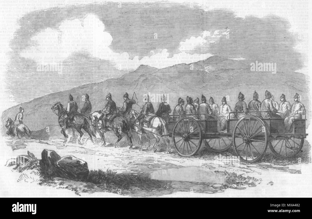 . Inglese: "Il Mutiny in India: Peshawur trasporti terrestri in treno,' dal Illustrated London News, 1857; . 1857. Illustrated London News 285 Horsecarriages Foto Stock