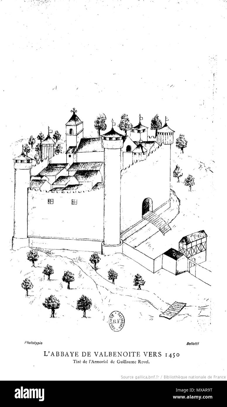 . Français : L'Abbaye de Valbenoite (Saint-Etienne, fr.) vers 1450, tiré de l'Armorial de Guillaume Revel, par Victor Jannesson. 28 marzo 2014, 19:54:41. Autore : Jannesson, Victor (tenente) 310 Jannessonvalbo Foto Stock
