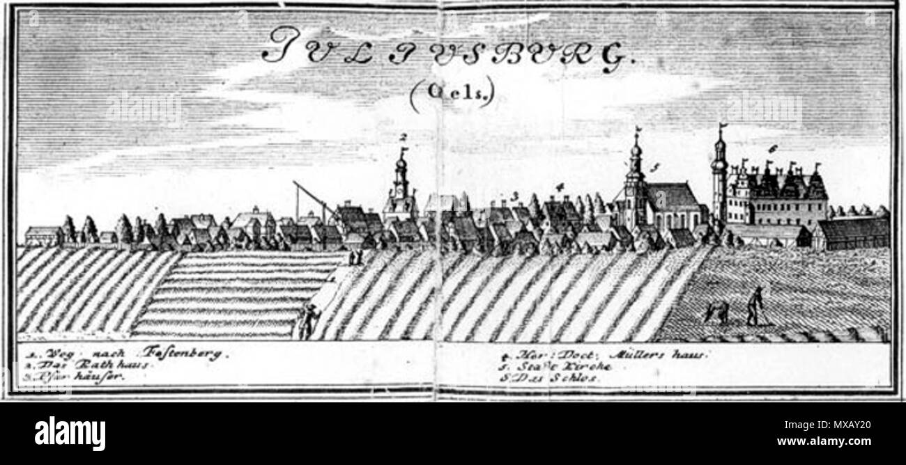 . Deutsch: Stadtansicht von Juliusburg, heute Dobroszyce in Polen. Inglese: Juliusburg, Dobroszyce oggi in Polonia. Polski: Juliusburg, dziszejsze Dobroszyce. Il XVIII secolo. Questo file è privo di informazioni sull'autore. 331 Juliusburg Panorama Foto Stock