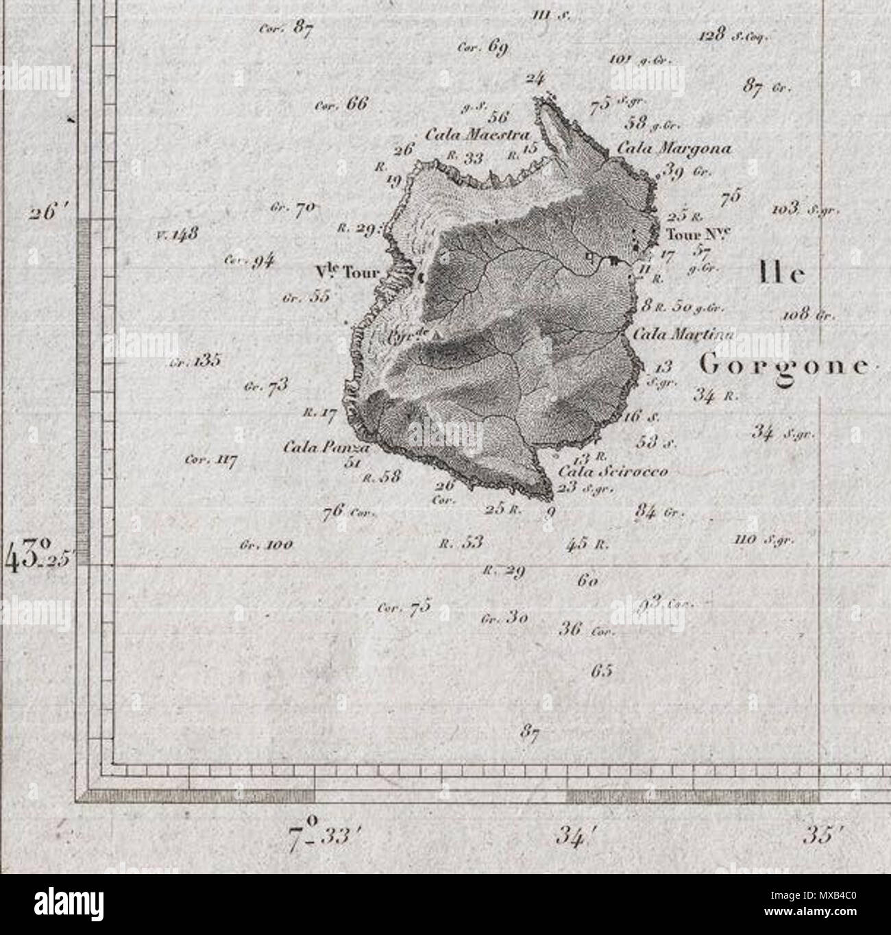 . Inglese: una bella francese una carta nautica o una mappa rilasciati nel 1852 dal Depot de la Marine. Offre della sontuosa dettagli sia la navigazione in mare. Offre la contessa gli scandagli di profondità nonché le note sulle caratteristiche di sottomarino come banche e barene. Ugualmente notevole dettaglio entroterra con splendidamente intagliato e topografia dettagliata strukture isola di singole strade ed edifici. L'isola di Gorgona (Gorgone) come un intaglio. Emessi da Theodore Ducos per deposito generale de la Marine nel 1852. Deutsch: Hervorragende französische Seekarte, herausgegeben 1852 durch das Marineamt. Sie enthält als Kartenausschnit Foto Stock