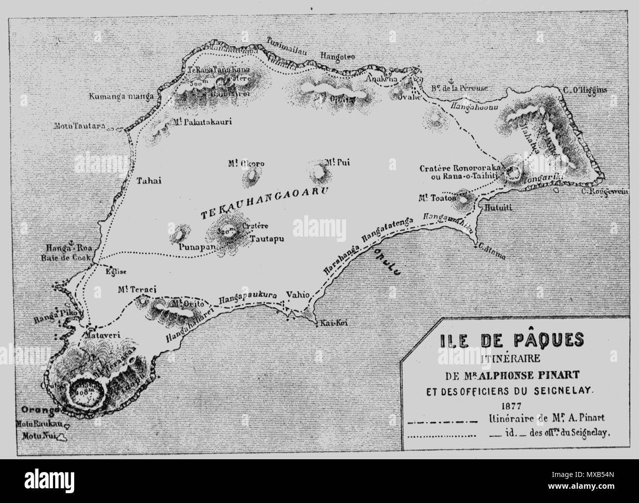 . Inglese: mappa dell'isola di pasqua da Pinart in una relazione che è stata pubblicata in un viaggio intorno al mondo. Questa mappa è stata basata da Pinart sulla mappa tracciata dai funzionari di O'Higgins, nel gennaio 1870, di cui una copia può essere trovato nel Museo di Tahiti. 11 novembre 2012, 21:42:58. Gli ufficiali del cileno corvette O'Higgings (1866) 301 Isla de Pascua-4 Foto Stock
