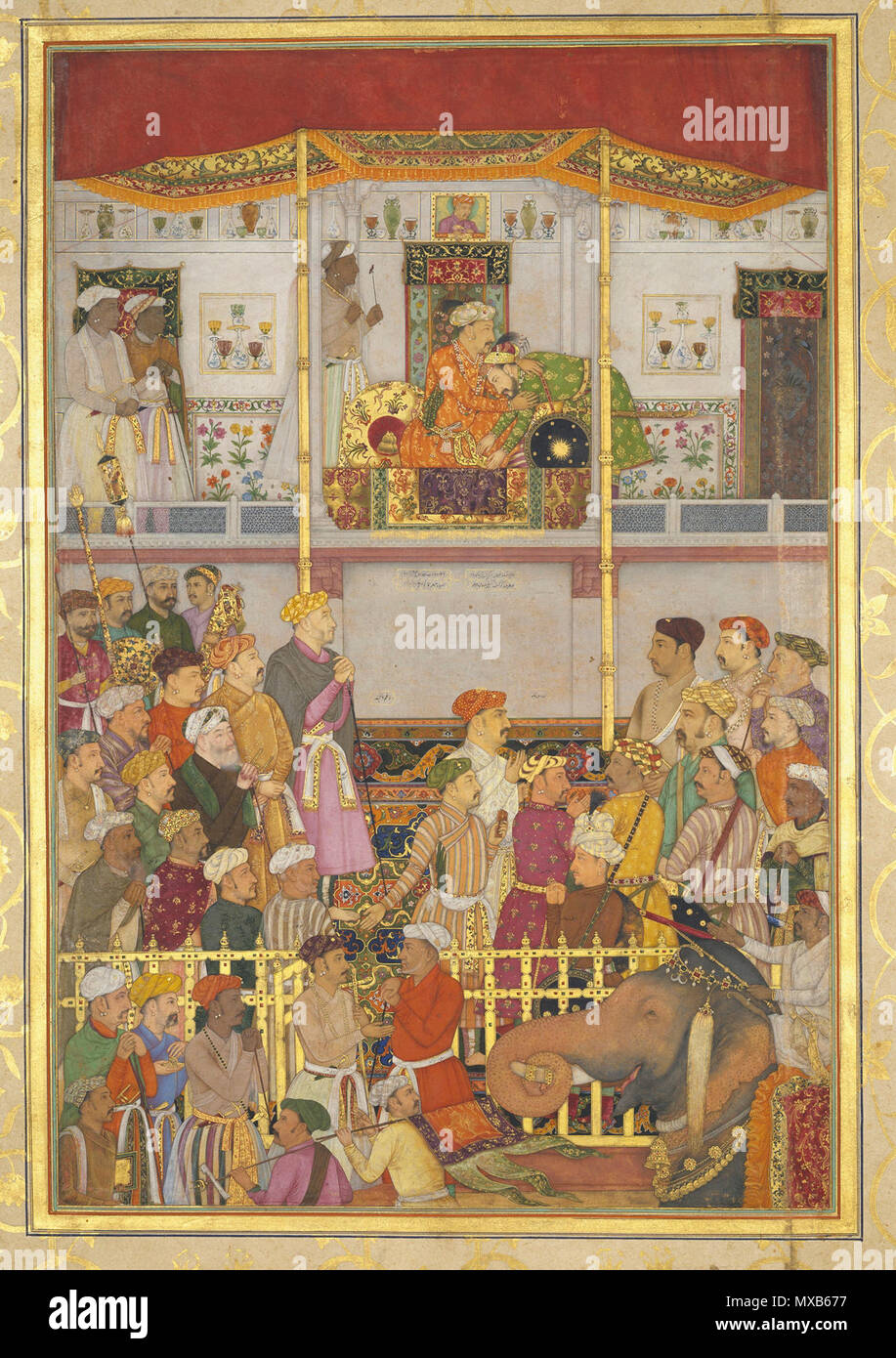 . Inglese: Jahangir riceve il principe Khurram ad Ajmer al suo ritorno dalla campagna di Mewar: Pagina dal Windsor Padshahnama Balchand (attivo 1595-ca. 1650) Data: ca. 1635 Cultura: India (corte Mughal a Lahore o Daulatabad) Medio: acquerello opaco e oro su carta di dimensioni: pagina: 22 15/16 x 14 7/16 in. (58,2 x 36,7 cm) immagine: 11 15/16 x 7 15/16 in. (30,4 x 20,1 cm) montato: 32 x 24 in. (81,3 x 61 cm) incorniciato: 35 3/4 x 27 11/16 x 1 in. (90,8 x 70,4 x 2,6 cm) Classificazione: Pittura linea di credito: la Quaresima da Sua Maestà la Regina Elisabetta II il numero di accessione: SL.17.2011.13.1 diritti e Reproduct Foto Stock