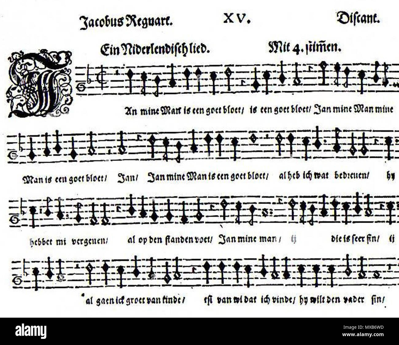 . Inglese: foglio stampato musica per "Ein Niderlendisch lied mit 4 stimmen, 'Jan il mio uomo è een goet bloet', dal compositore Jacobus Regnart, stampato in 1584 . Il 31 agosto 2011. Jacobus Regnart 309 Jan il mio uomo Jacobus Regnart Foto Stock