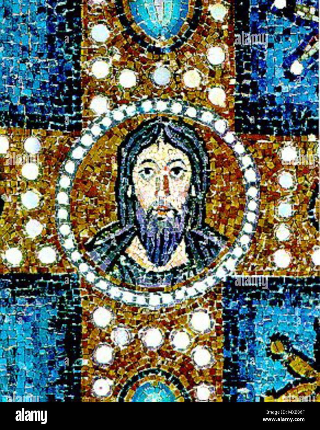 . Inglese: Gesù Cristo. Dettaglio a partire dal VI secolo mosaico bizantino nell'abside della basilica di Sant'Apollinare in Classe (Ravenna) Italiano: Gesù. Dettaglio del mosaico bizantino nel catino absidale di Sant'Apollinare in Classe a Ravenna (secolo VI). Русский: Иисус христос (мозаика средокрестия) . 6 secolo. anonimus 315 Gesù Cristo in Sant Apollinare in Classe Foto Stock