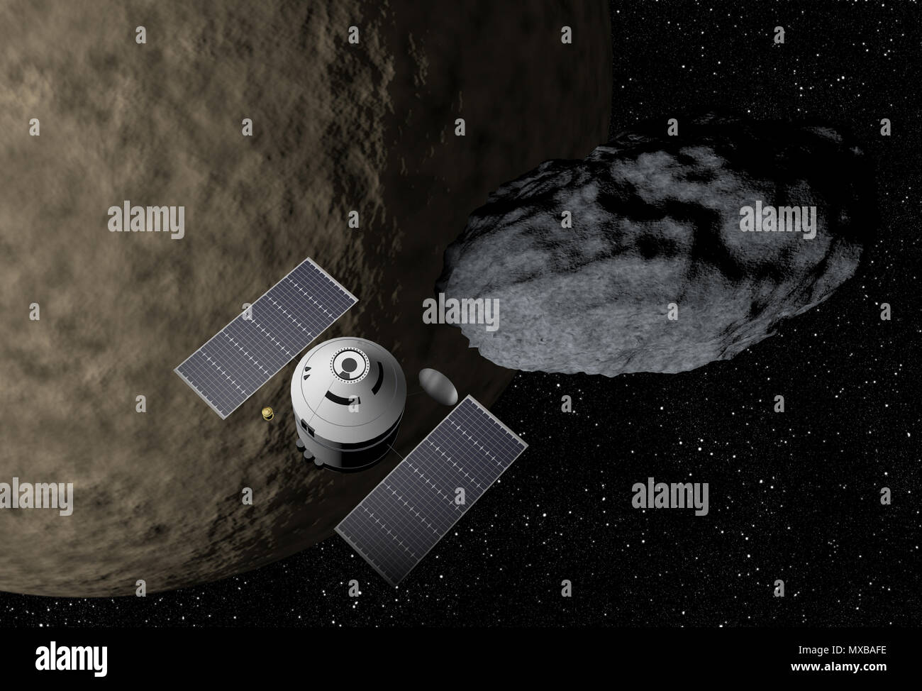 Veicolo spaziale di volare a vivaci spazio esterno con stelle, nebulosa e pianeti. Foto Stock