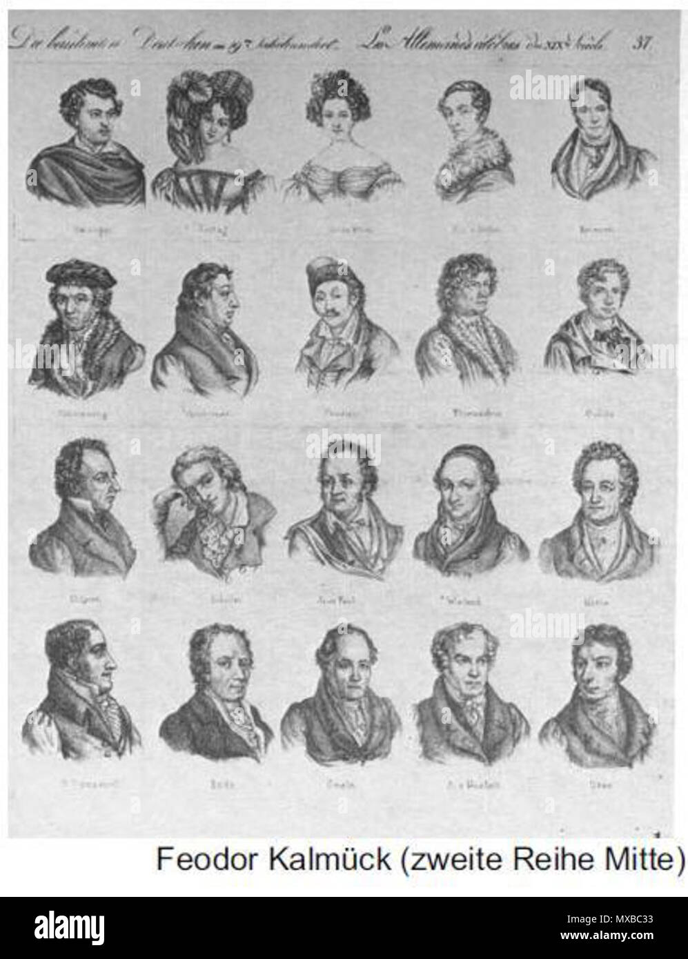 . Inglese: Feodor Iwanowitsch Kalmyk (1763-1832) mostrato tra i venti più famosi tedeschi del XIX secolo tra cui Goethe e Schiller. Egli è al centro della seconda riga dall'alto. La Scrittura dice di cui sopra in tedesco e in francese: 'Die beruhmten Deutschen vom 19te Jahrhundert", "Les Allemands celebres du XIXeme siecle', entrambi con il significato di "Famoso tedeschi del XIX secolo". Un raro esempio di un asiatico (etnica Kalmyk, in altre parole della Mongolia occidentale) in aumento per la fama in Europa occidentale in quel momento. Xix secolo. Goethe-Galerie, Jena. Tedesco-francese opuscolo dal xix secolo 334 KalmykFamous Foto Stock