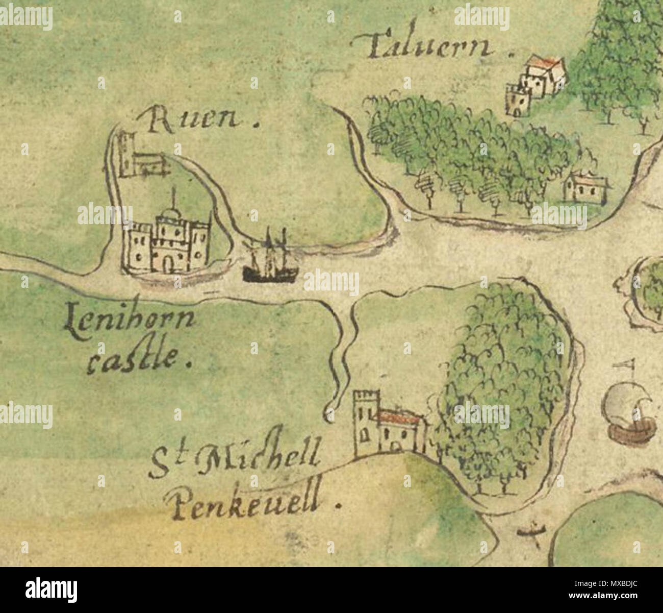 . Inglese: Lanihorne Castello, Ruan, Tolverne e St Michael Penkevil da un 1597 mappa di Falmouth Haven, Cornwall. Kernowek: Dyworth mappa 1597 un Vorlynn un Garrek, Kernow. Il 2 gennaio 1597. sconosciuto del XVI secolo artista 339 Kestel Lanrihorn, Eglos Ruwon, Talvron ha Pennkevyl Foto Stock