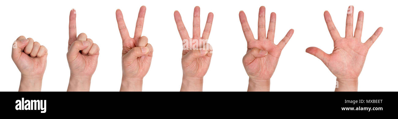 Mani maschio conteggio da zero a cinque isolati su sfondo bianco Foto Stock