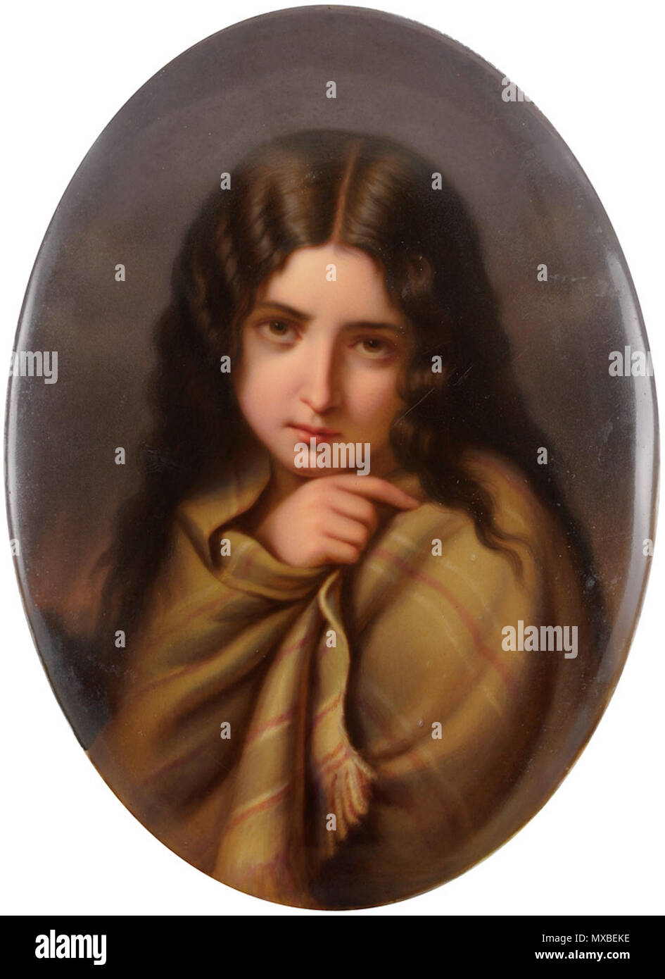 . Deutsch: Porzellan-Bildplatte In Gedanken. Zeptermarke und KPM. Beizeichen. 18 x 13 cm . tardo XIX secolo. Anonimo 348 KPM-Bildplatte In Gedanken Foto Stock